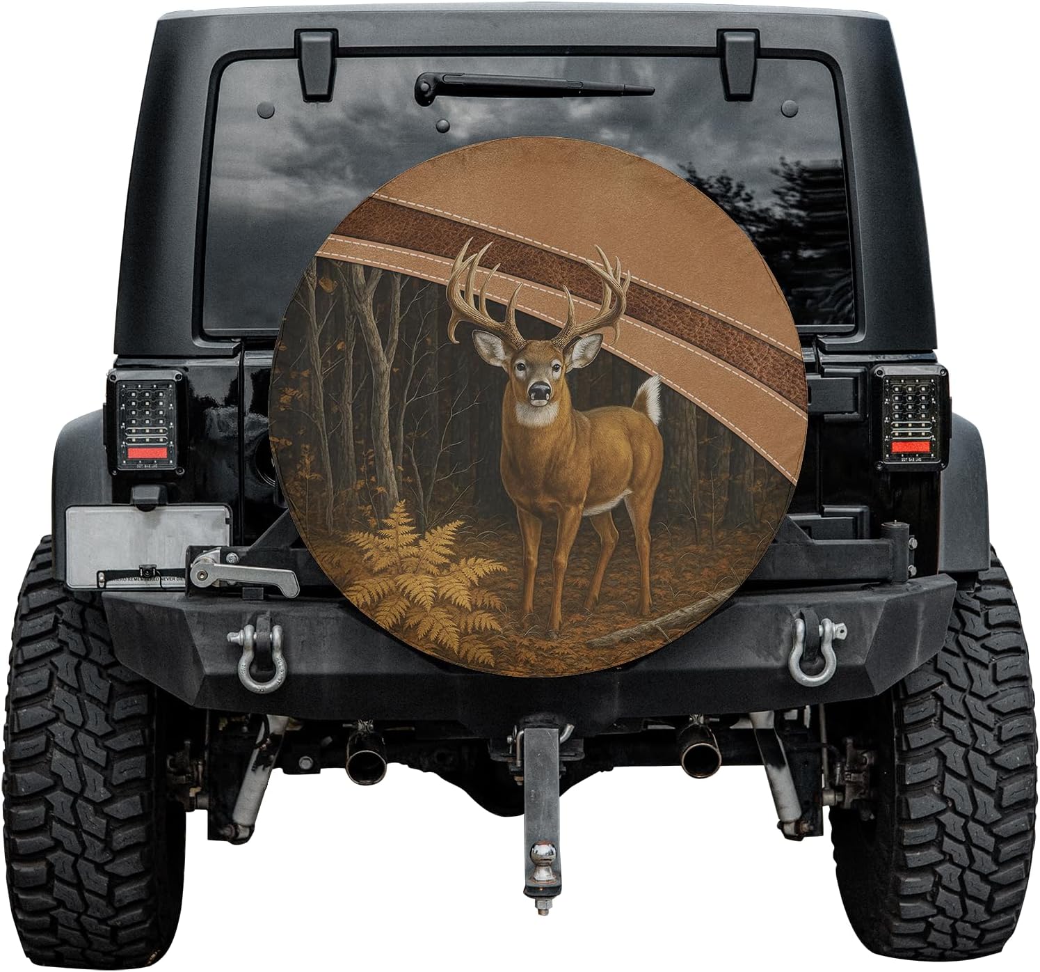 STC177 Deer Hunting Spare Tire Cover, Rustic Wildlife Forest Wheel Protector, Buck Deer Nature Scene Spare Wheel Cover (Multicolor)