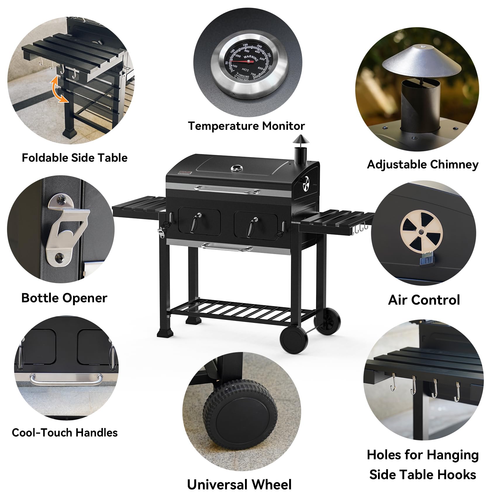 Onlyfire BBQ grill na węgiel drzewny, duży grill na węgiel drzewny z pokrywką, kółkami, ruszt do grillowania ze stali nierdzewnej, płyty osłonowe, regulowana szuflada na węgiel drzewny, wózek na