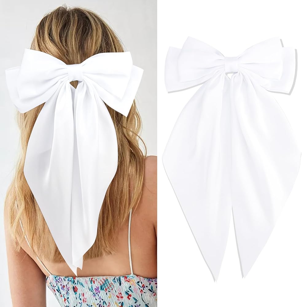 Velscrun Hair Bows for Women Girls White Silky Satin Large Coquette Hair Bow Oversized Hair Ribbons Big Hair Bows Clip Long Tail Bowknot Hair Barrettes Halloween Christmas Hair Accessories