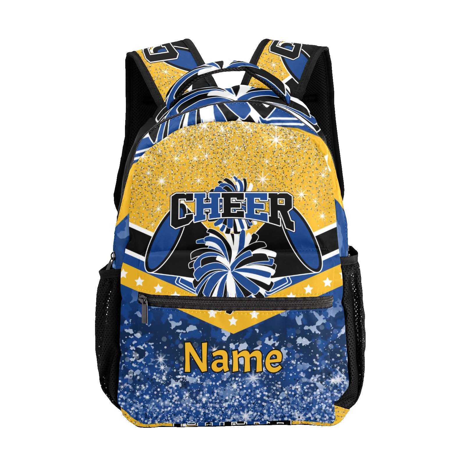 Zaaprint Personalized Blue Gold Cheer Cheerleader Shoulders Bags Daypack with Name School Bookbag for Sports Party Traveling