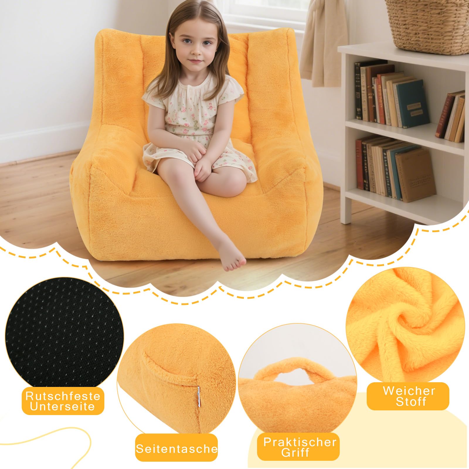 MeMoreCool Sitzsack Kinder, Baby Sessel mit Füllung Jungen und Mädchen, gemütliches Sofa mit Tasche für Spielzimmer, Sitzsäcke fürs Kuschelecke Kinderzimmer, Gelb
