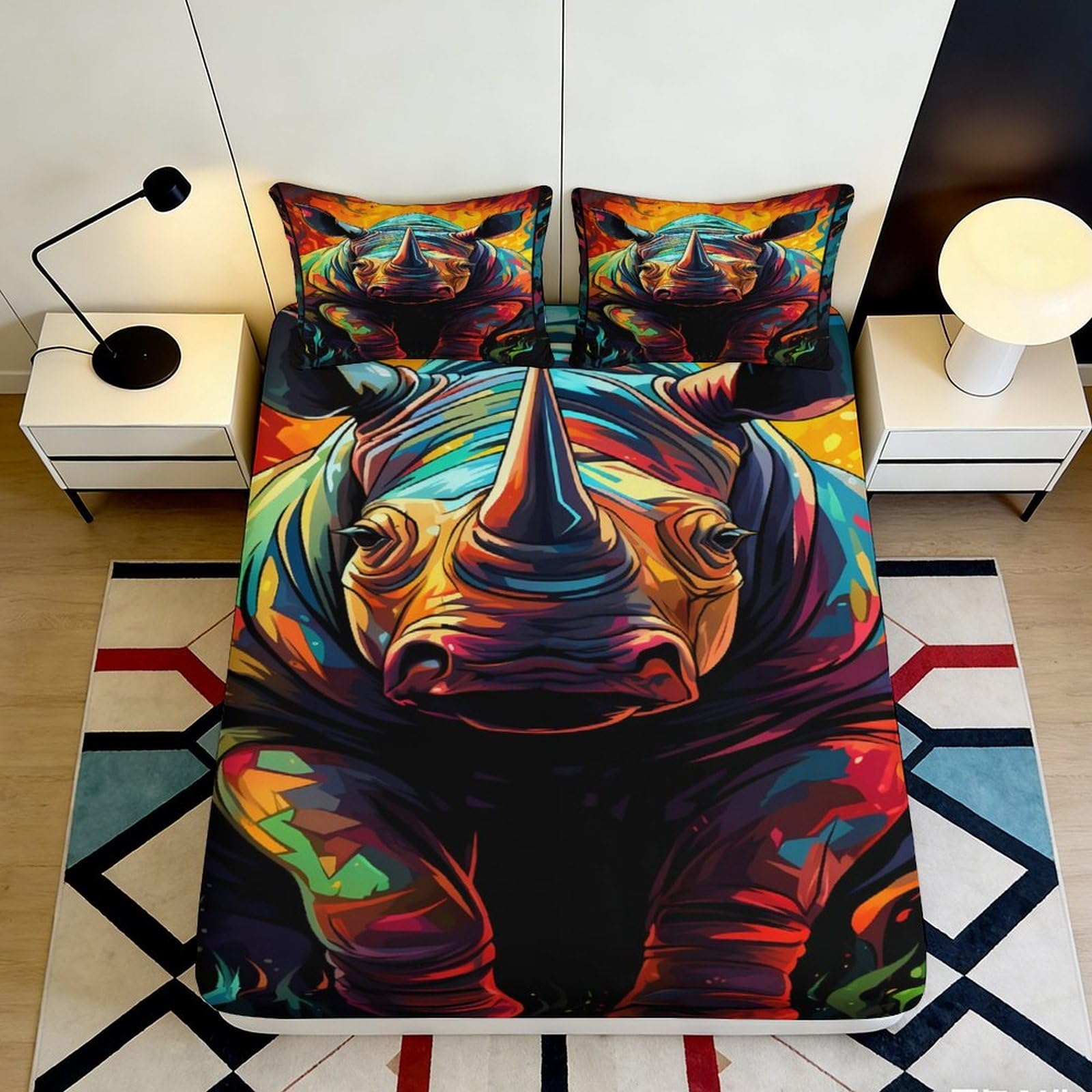 Jqzkxnhpbr Style-1 3D Printed Colorful Rhino Fitted Sheet Microfiber Soft Artistic Animal Bed Cover For Bedroom Dorm Mattress Protection Decor 90X200x25cm