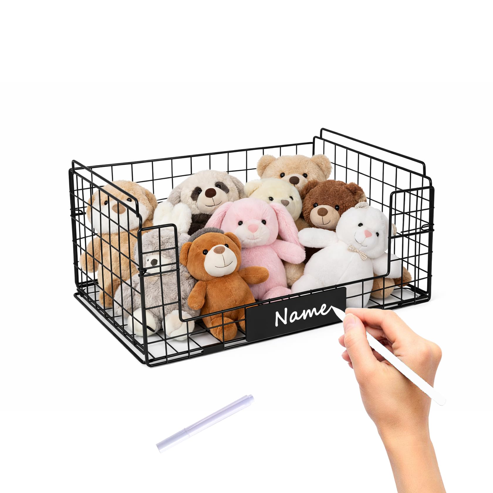 Cesto portaoggetti in metallo pieghevole con manico, per animali domestici, per accessori e giocattoli, impilabile, colore nero, 41,5 x 30 x 18 cm