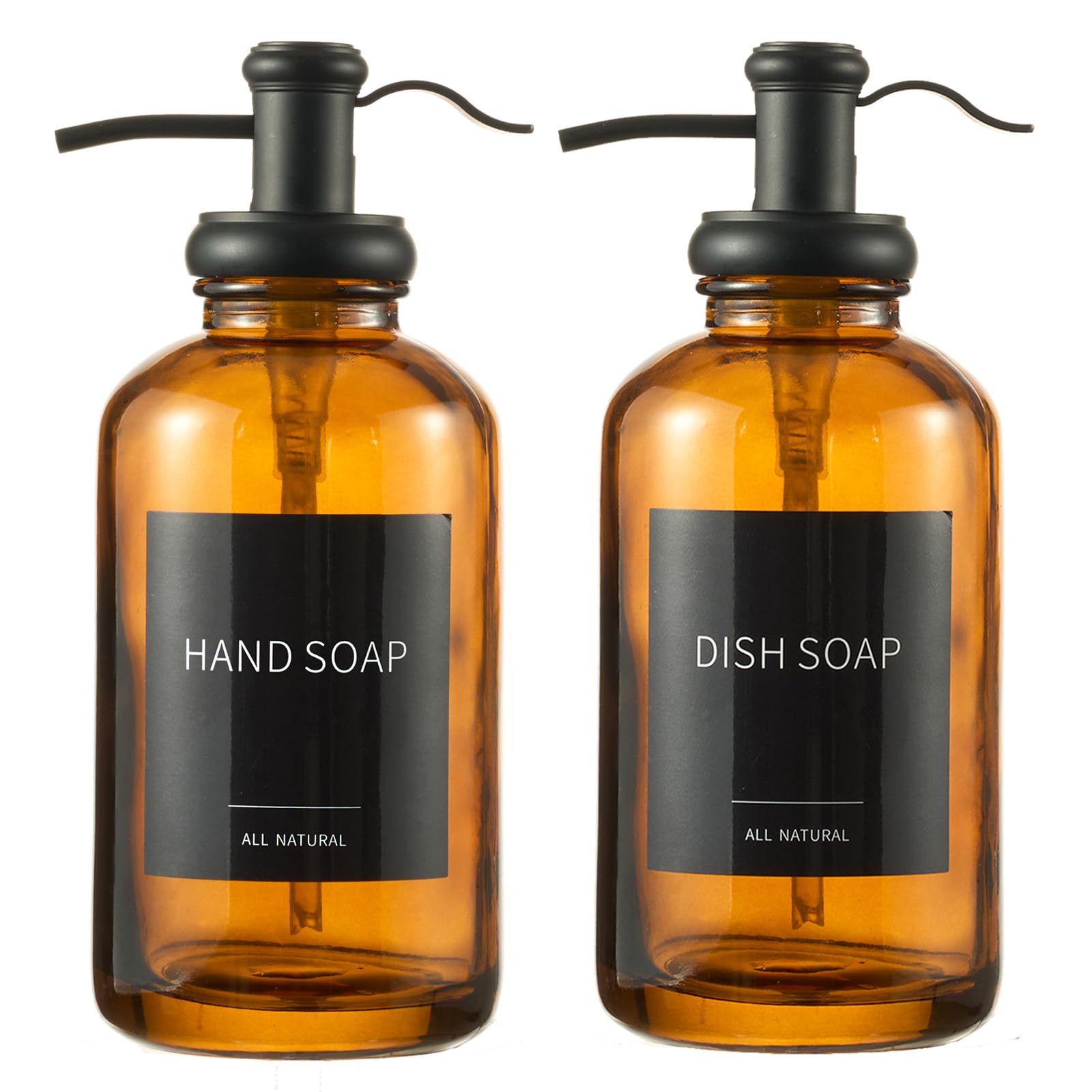 Hand and Dish Soap Dispenser for Kitchen Sink, 17 Oz Amber Dispenser for Bathroom, Refillable Liquid Soap Dispenser with Rust Proof Stainless Steel Pump, Stainless Steel Funnel