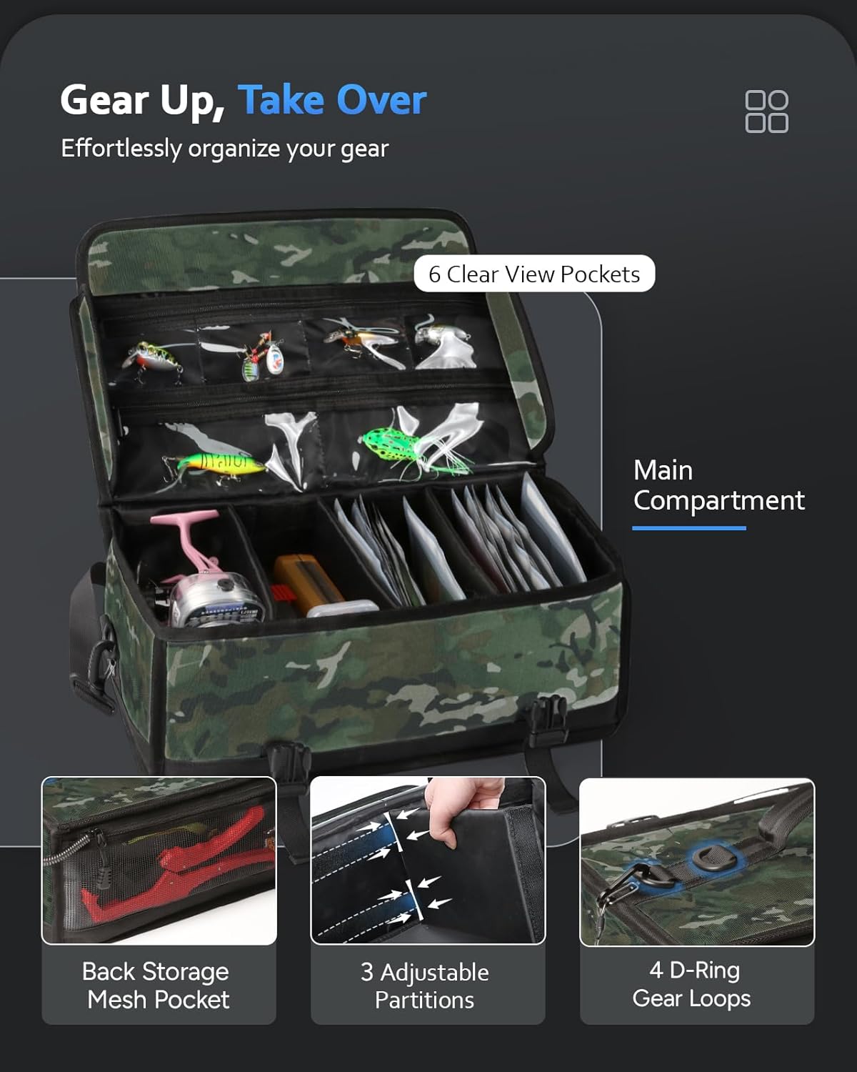 Large Fishing Tackle Bag for Soft Plastic Baits Storage, 20PCS Soft Bait Clear Storage Bag, Fishing Gear Organizer for Weights, Reels & Hooks, 900D Waterproof Oxford Fabric