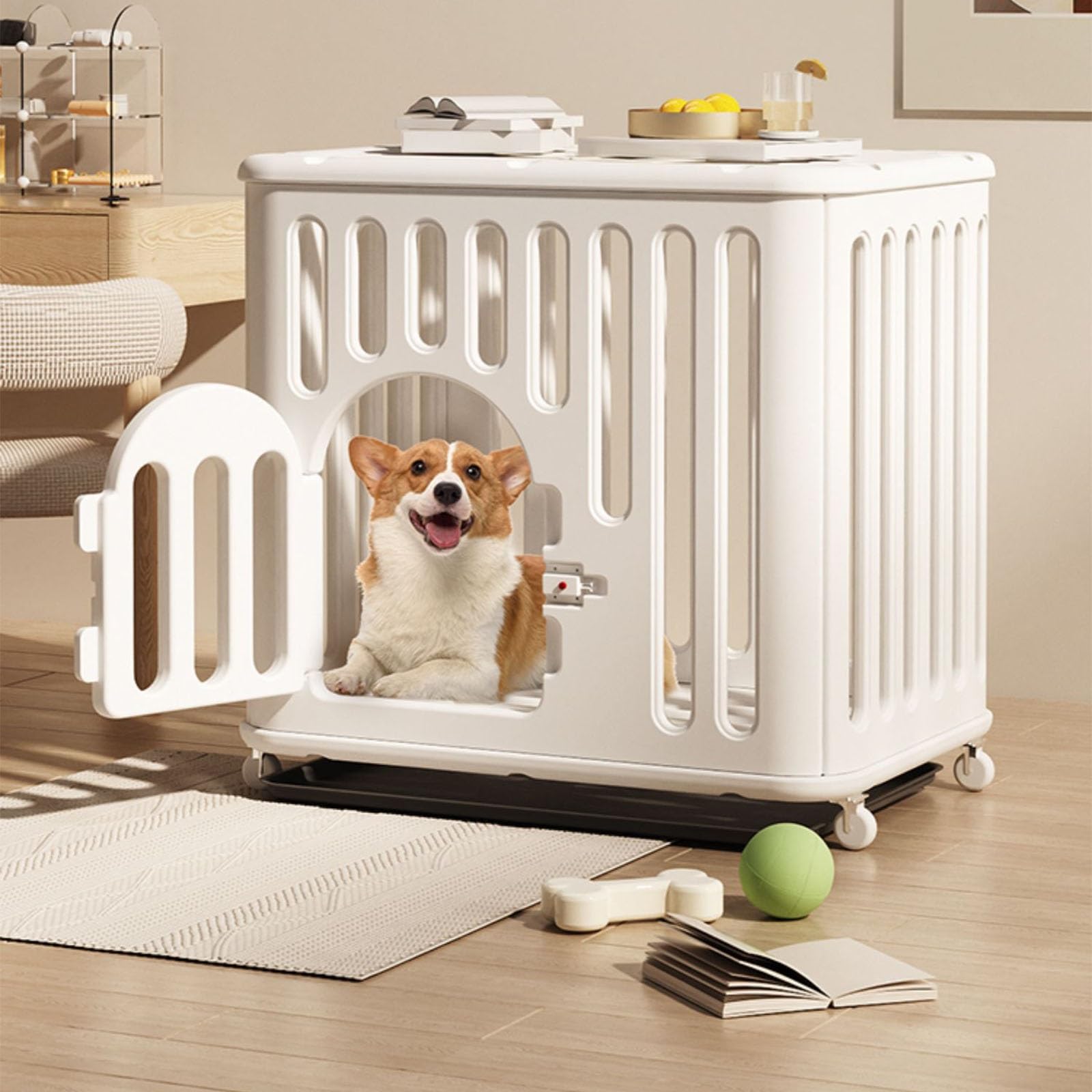 NEONMAN Cage pour Chien Cage Chien Cage Chien Interieur Caisse Chien Robuste en Plastique PE avec roulettes pour empêcher la Fuite Plateau en Plastique Facile à Installer(Blanc,XS)