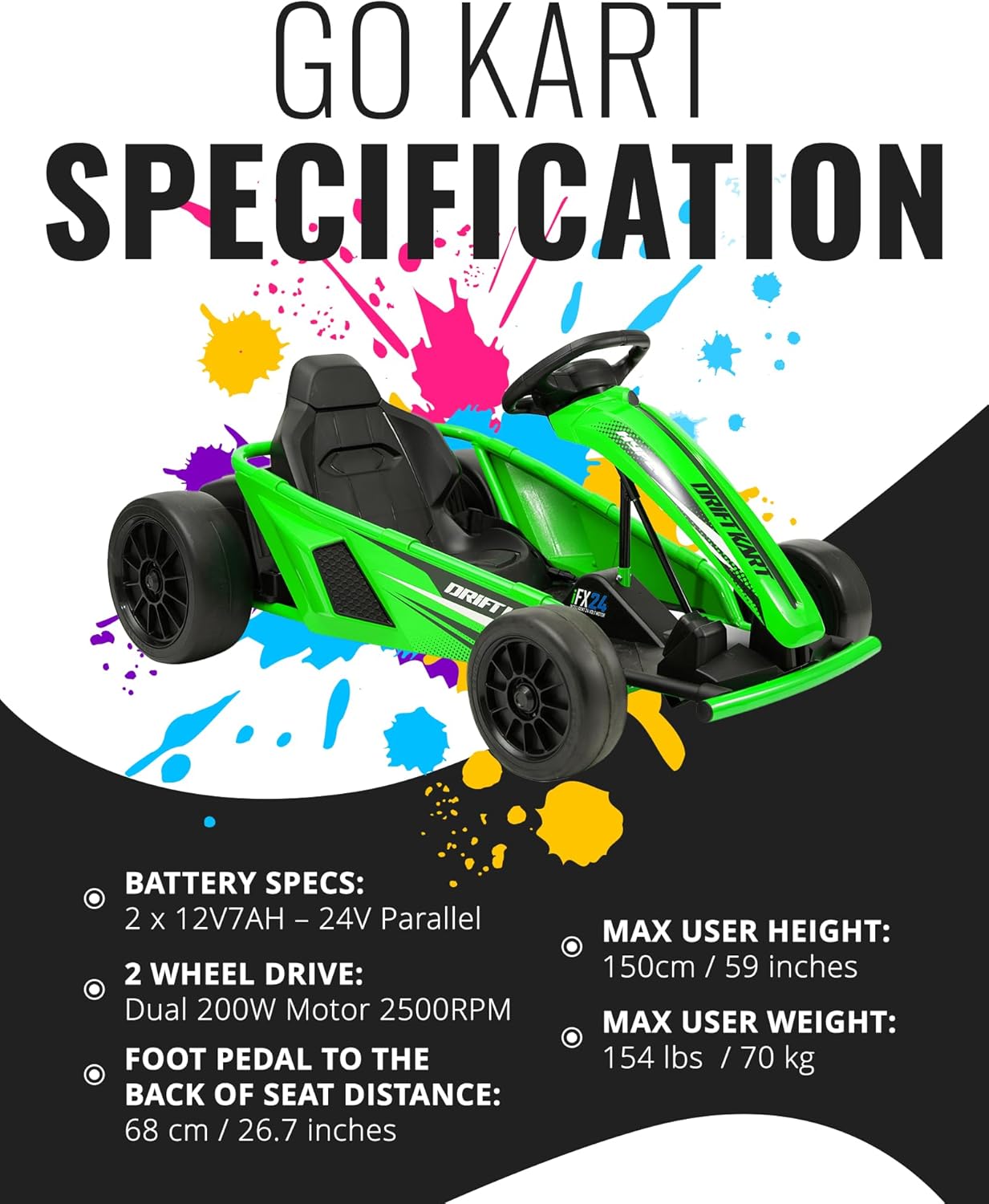 Graphic detailing Go Kart specifications including battery, drive, foot pedal distance, max user height, and max user weight