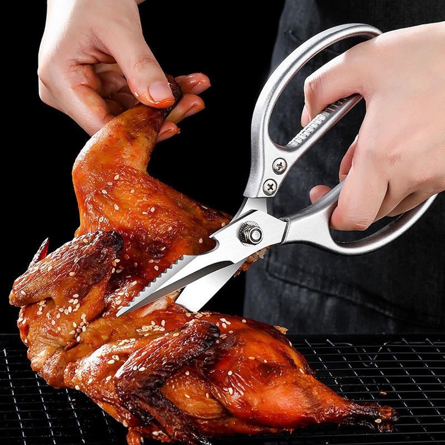 Küchenschere, Küchenschere aus Edelstahl, Küchenschere zum Schneiden von Fleisch und Gemüse, Multi-Hühnerknochenschere, Dosenöffner, Barzubehör, Werkzeuge (Farbe: Kaffee) (Blau 1 A)