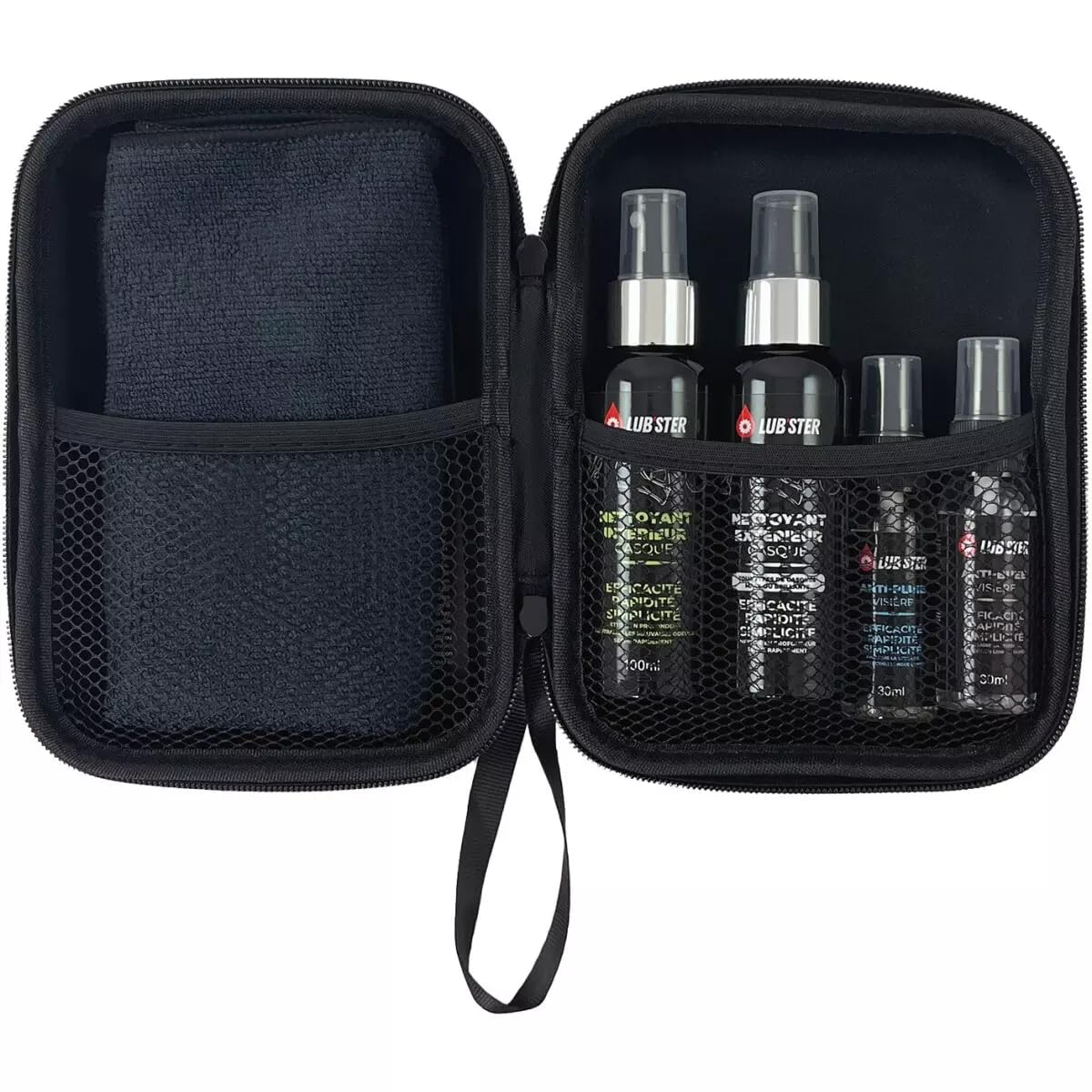 KIT ENTRETIEN CASQUE MOTO ET SCOOTER LUB’STER • Pack complet • Nettoyant extérieur casque + Nettoyant intérieur casque + Anti-pluie + Anti-buée + Chiffon microfibre • Entretien casque moto et visière