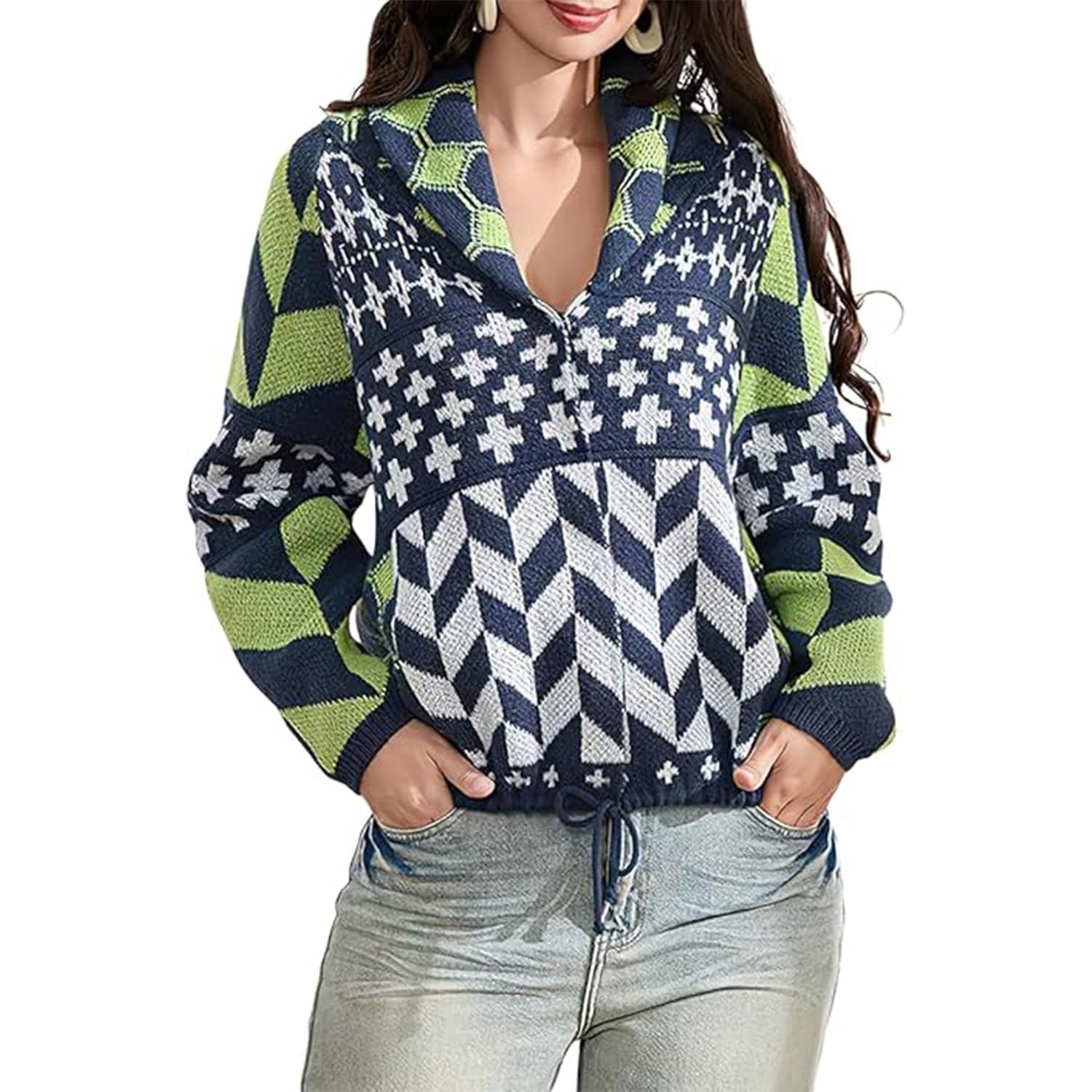 Womens Vintage Geometric Pattern Cardigan Sweater - Retro Artistic Open Front Button Down Long Sleeve Outwear
