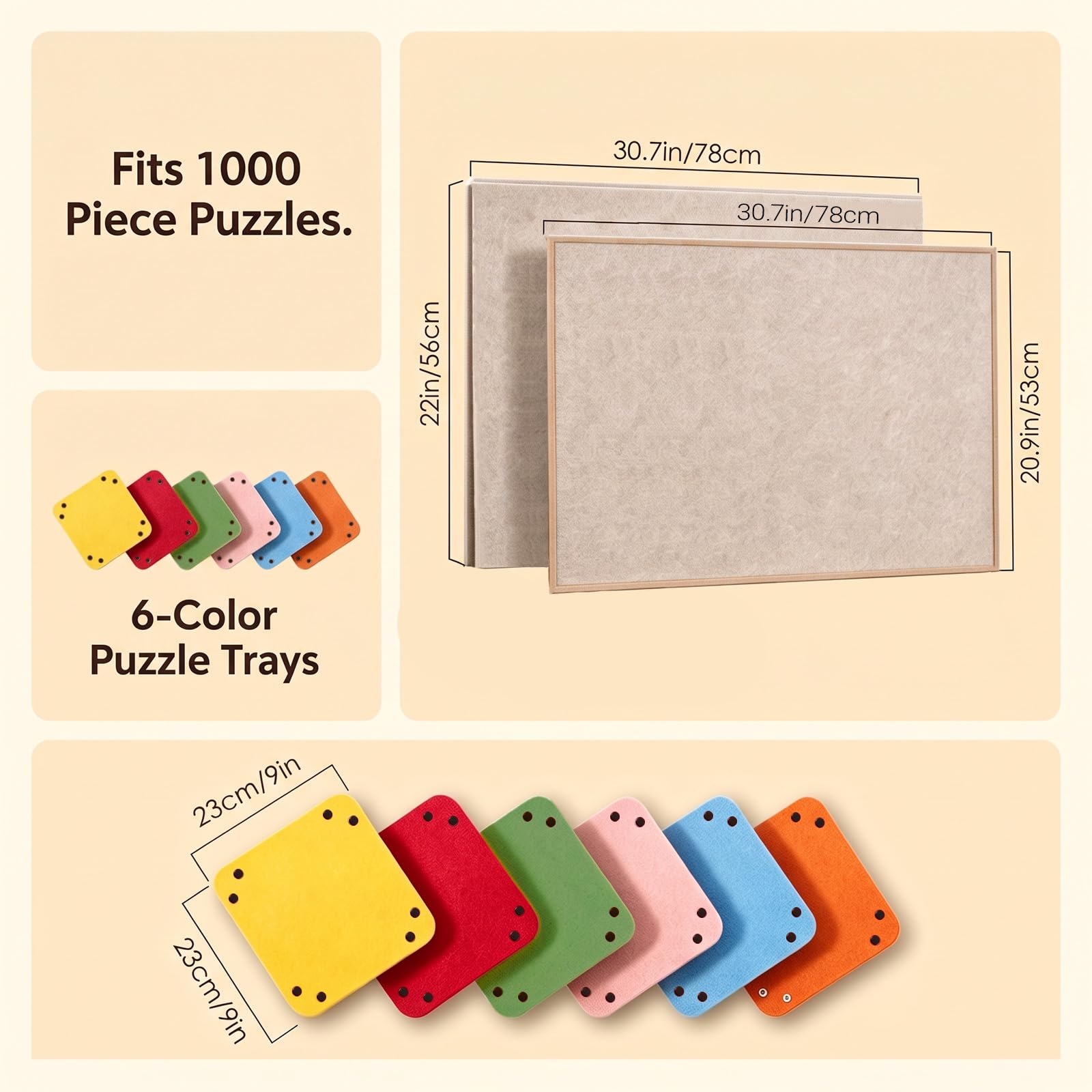 Plateau de Puzzle Pliable 1000 Pièces avec 6 Bols de Tri Colorés, Couverture 2-en-1 et Support de Puzzle, Camel