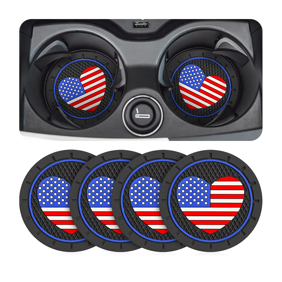 AUCELI4 Pack Car Cup Holder Coasters, Colored American Flag US Flag Insert Car Cup Coaster, 2.75 Inch Anti Slip Shockproof Embedded Drink Mat, Vehicle Interior Decor Accessories