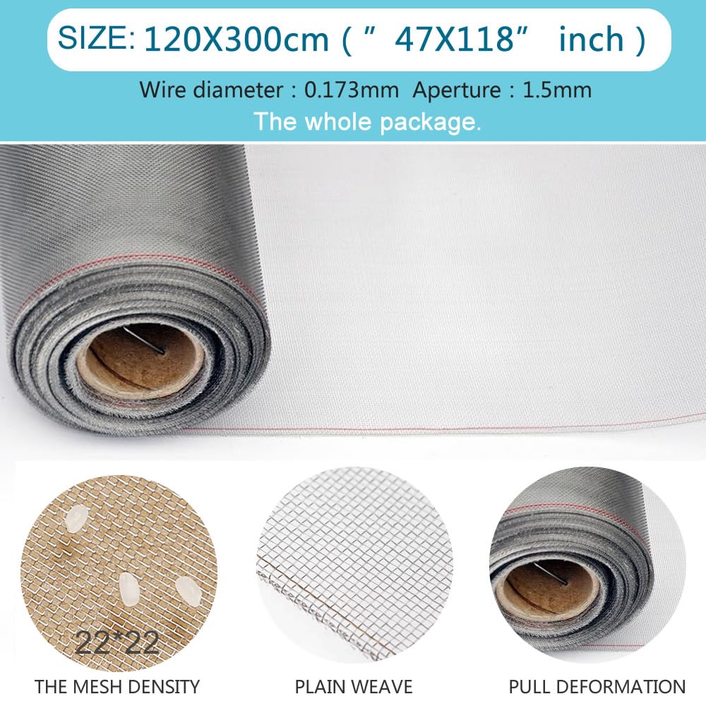 Stainless Steel mesh, Silk Screen Window mesh, Used for Screen Windows and Doors to Prevent mice, Snakes, Wasps, and Animals from Entering, Easy to Cut (118''X47.2''(300X120cm)
