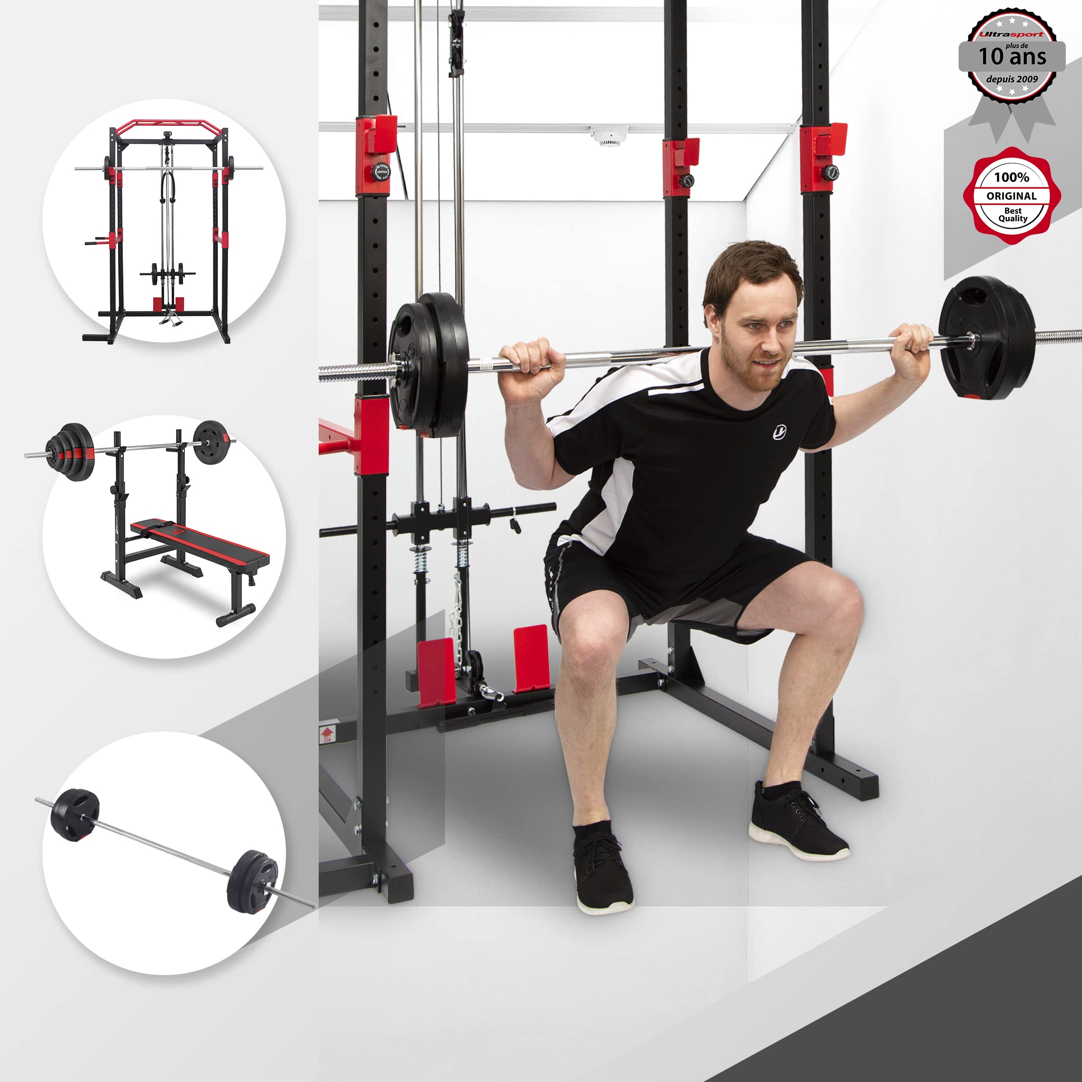 Ultrasport Ensemble de disques d'haltères, 4 poids d'haltères en ensemble, 15 kg ou 25 kg, pour haltères courts et barres d'haltères longues, avec poignées, ensemble complet en métal de 30 kg