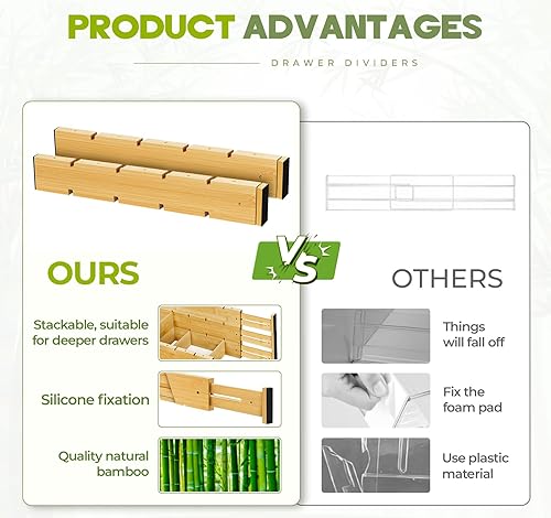 Miniatura 8 de Separadores de cajones de bambú, 4 piezas con insertos, organizadores de cajones de utensilios de cocina expandibles, organizador de cajones