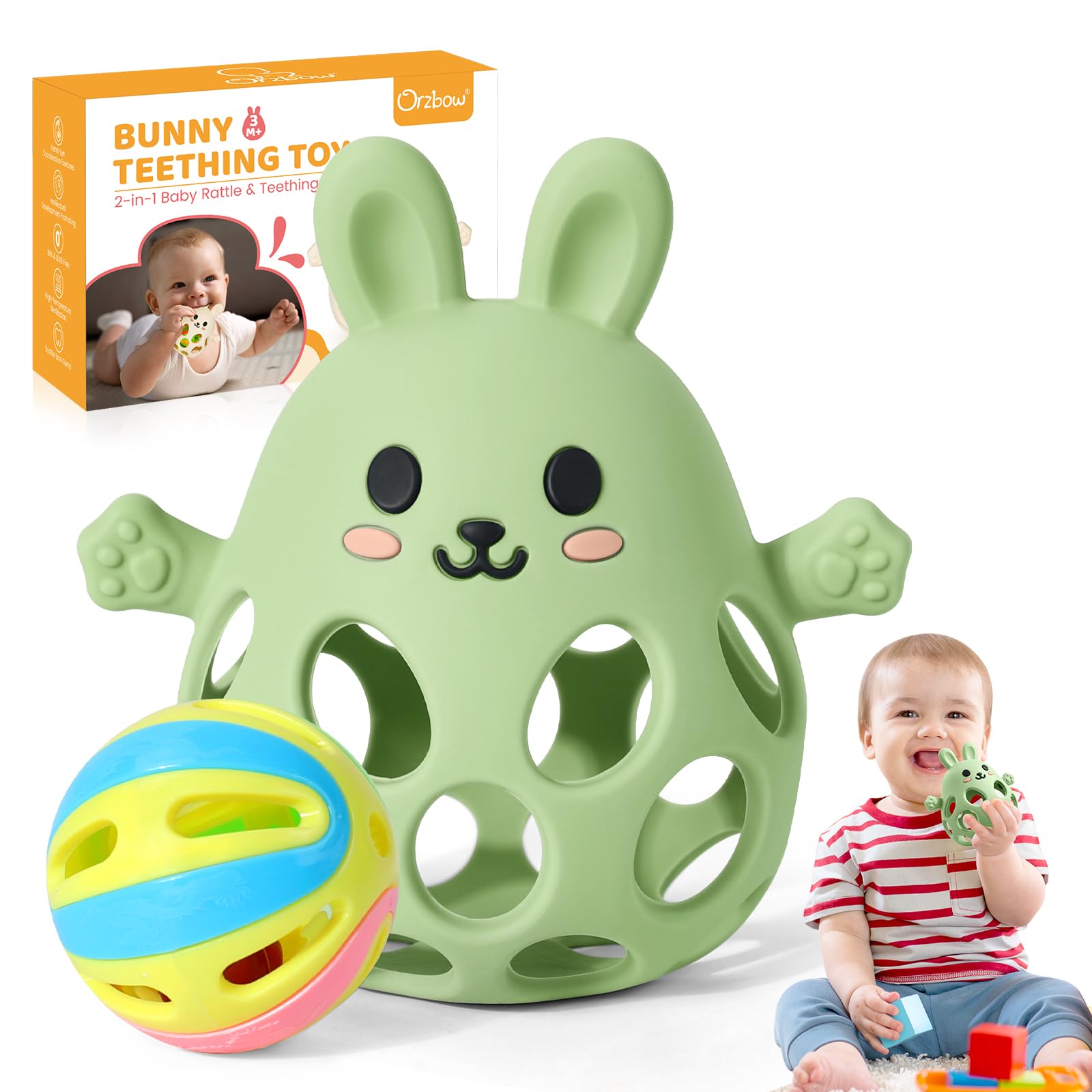 Orzbow Multiuso Massaggia Gengive Neonati Freezer, Silicone Sonaglio Neonato 0-3-6-9 mesi, Giochi Montessori con Design Openwork, Leggeri, Traspiranti, Facile Impugnare & Pulire, Verde Oliva