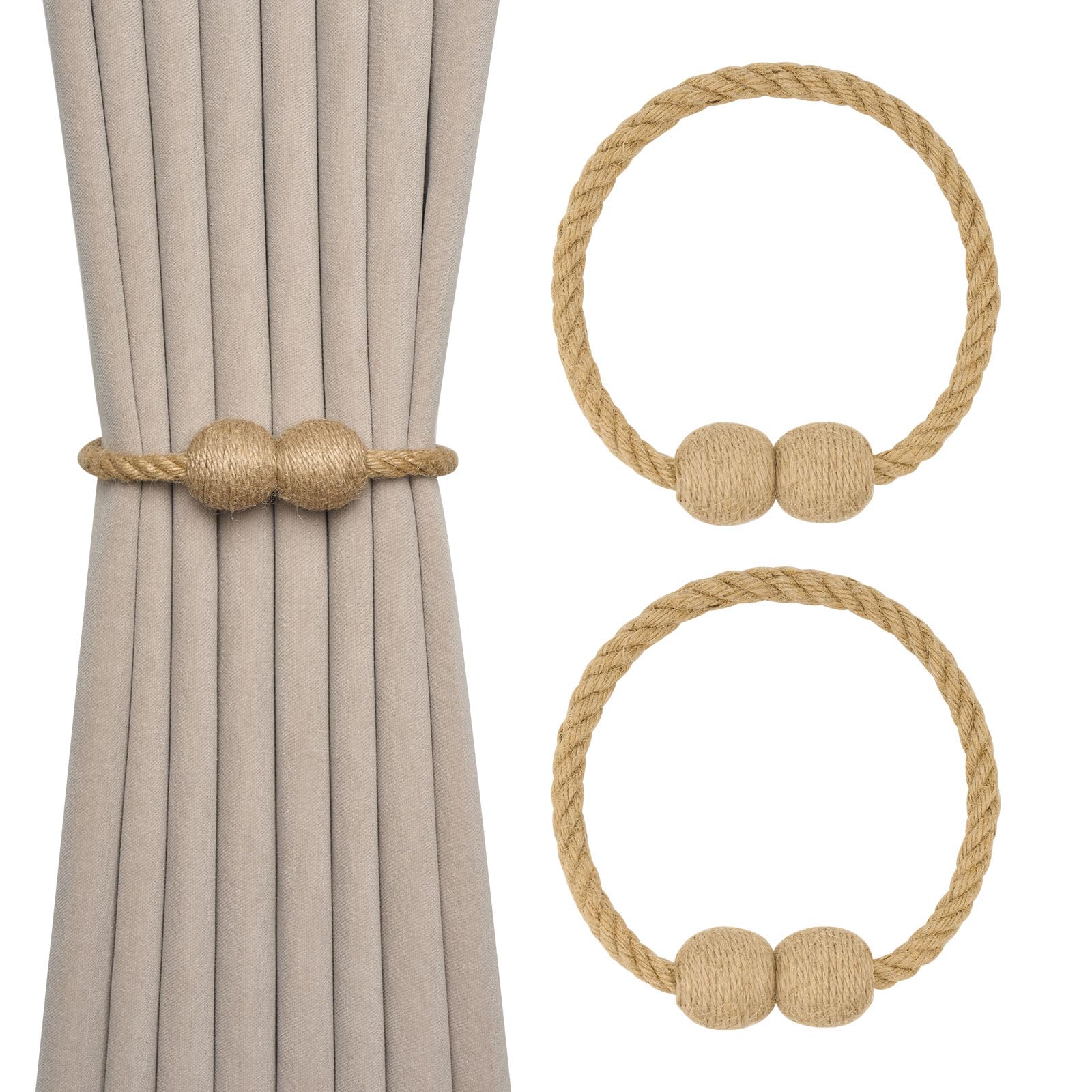 Pretty Jolly 2 Pack Natural Jute Rope Magnetic Curtain Tiebacks Farmhouse Rustic Style Decorative Drape Tie Backs Elegant Handmade Braided Curtain Holdbacks for Home & Office Drapery (Ball-A)