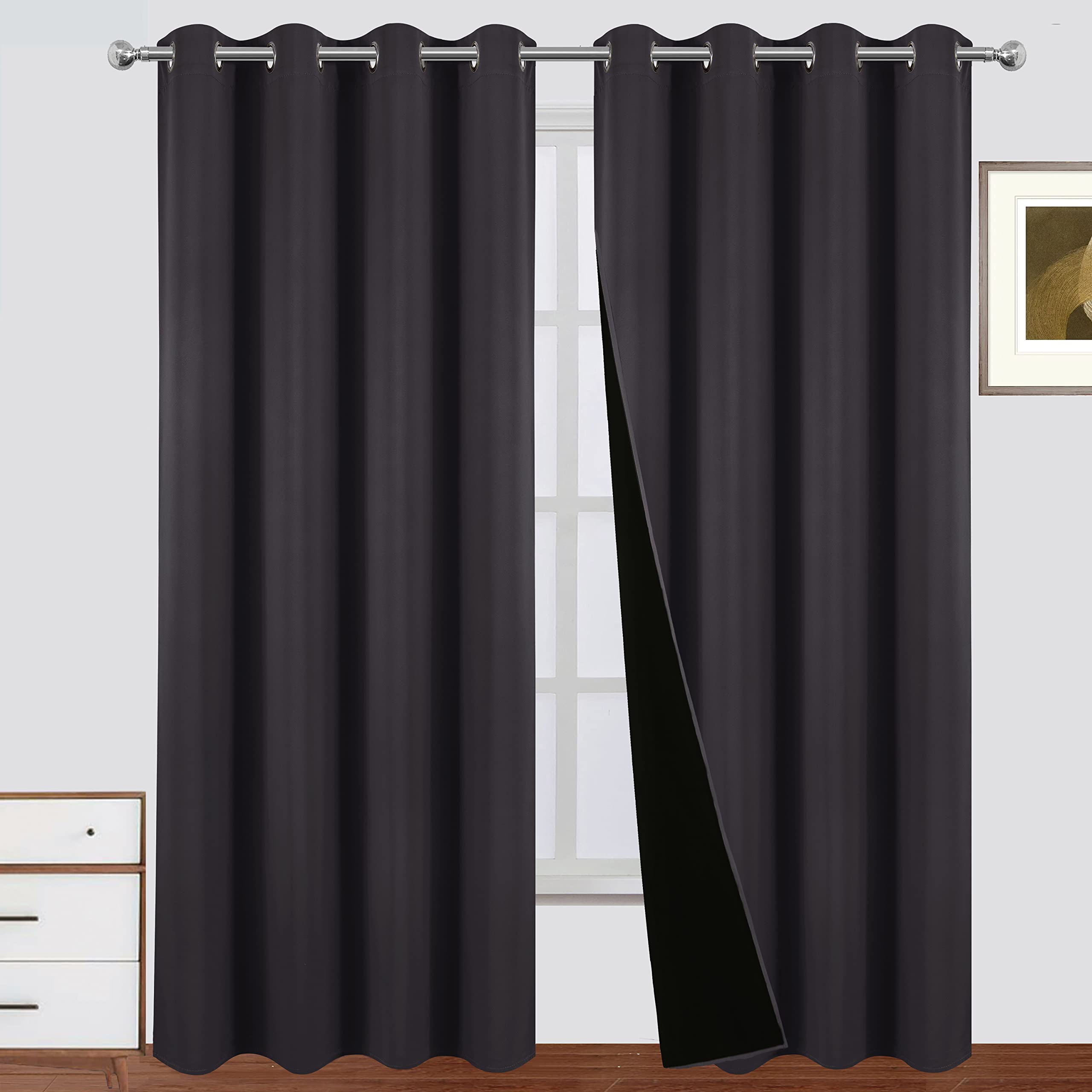 LEMOMO 100% Blackout Curtains 52 x 84 Inch/Dark Grey Curtains Set of 2 Panels Thermal Insulated Room Darkening Bedroom Curtains