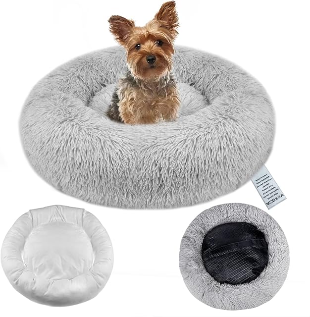 OKPOW Donut Dog Bed Small Washable - Anti Anxiety Calming Cosy Fluffy Plush Puppy Kitten Round Super Soft Snuggle Pet Cat Beds for Indoor Cats: Light Grey 50cm