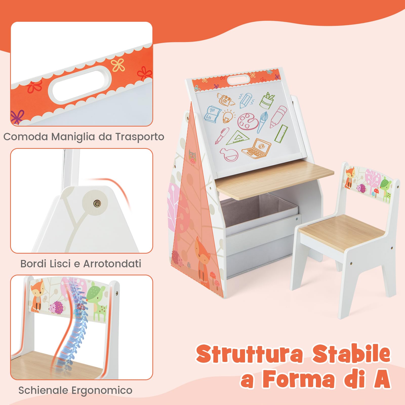 COSTWAY Cavalletto per Bambini Doppio Lato, Set Tavolo e Sedia per Bambini con Lavagna Magnetica e Lavagna Bianca, Contenitore in Tessuto e Libreria(Bianco)