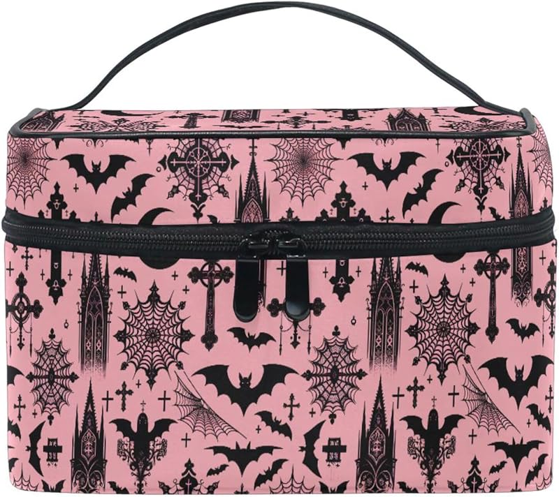Necessaire Mnsruu com estampa de morcegos Bats I8897, dobrável, preta, com zíper e divisórias