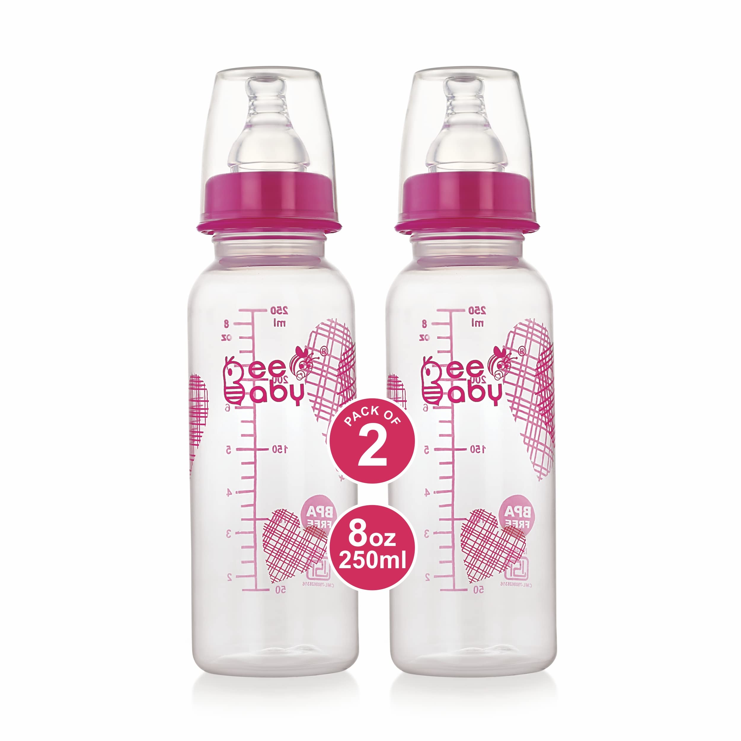 BeeBaby Basic Slim Neck Baby Feeding Bottle with Premium Anti Colic Silicone Nipple for New Born/Infant/Toddler/Babies, 100% BPA Free ((Pack of 2) 250 ML, Pink)-image-2