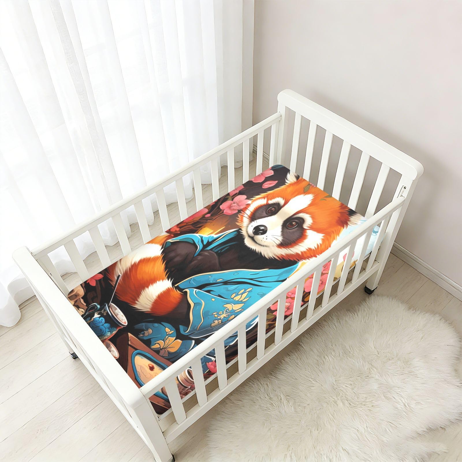 Flor Panda Roja Japonesa Sábana de Cuna para Niños Pequeños,Sábanas de Algodón Suave para Bebés Aptas para Colchón Corralito