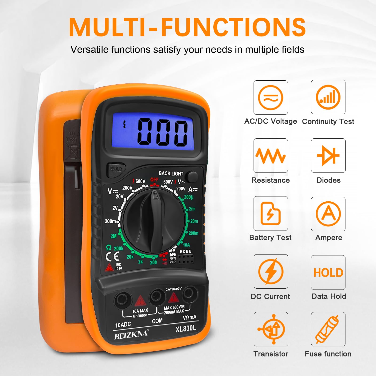 Digital Multimeter Voltmeter Battery Multi Tester Voltage Ohmmeter AC DC Volt OHM Amp Current Meter Continuity Circuit Resistance Diode Electrical Tester Ammeter with LCD Display Backlight — view 2