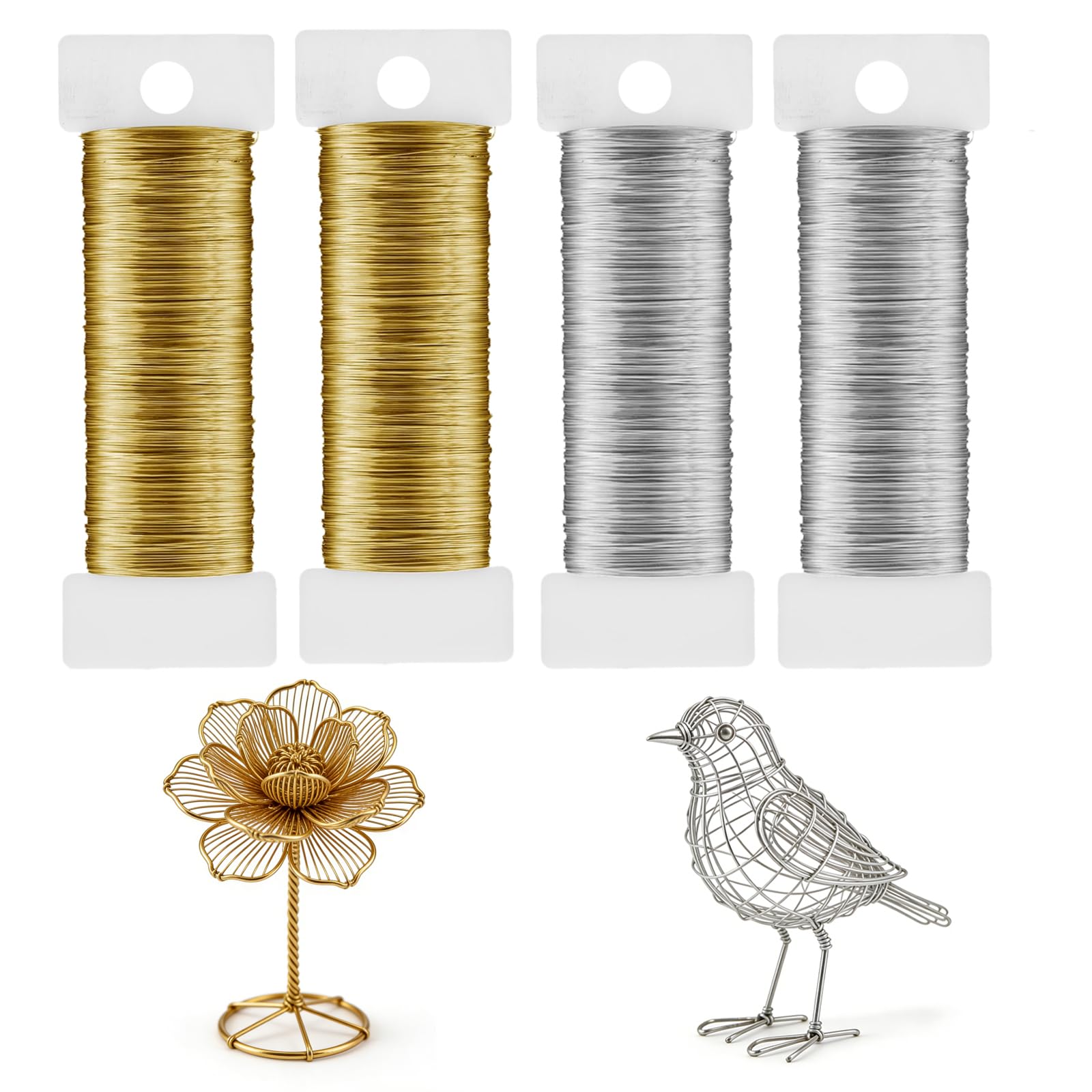 JTENGYAO 4 Rolls 0.3mm/28 Gauge Thin Wire for Crafts, 656ft Thin Jewelry Wire, 164ft per Roll Flexible Material for Beading, Wrapping & DIY Crafts, Gold & Silver