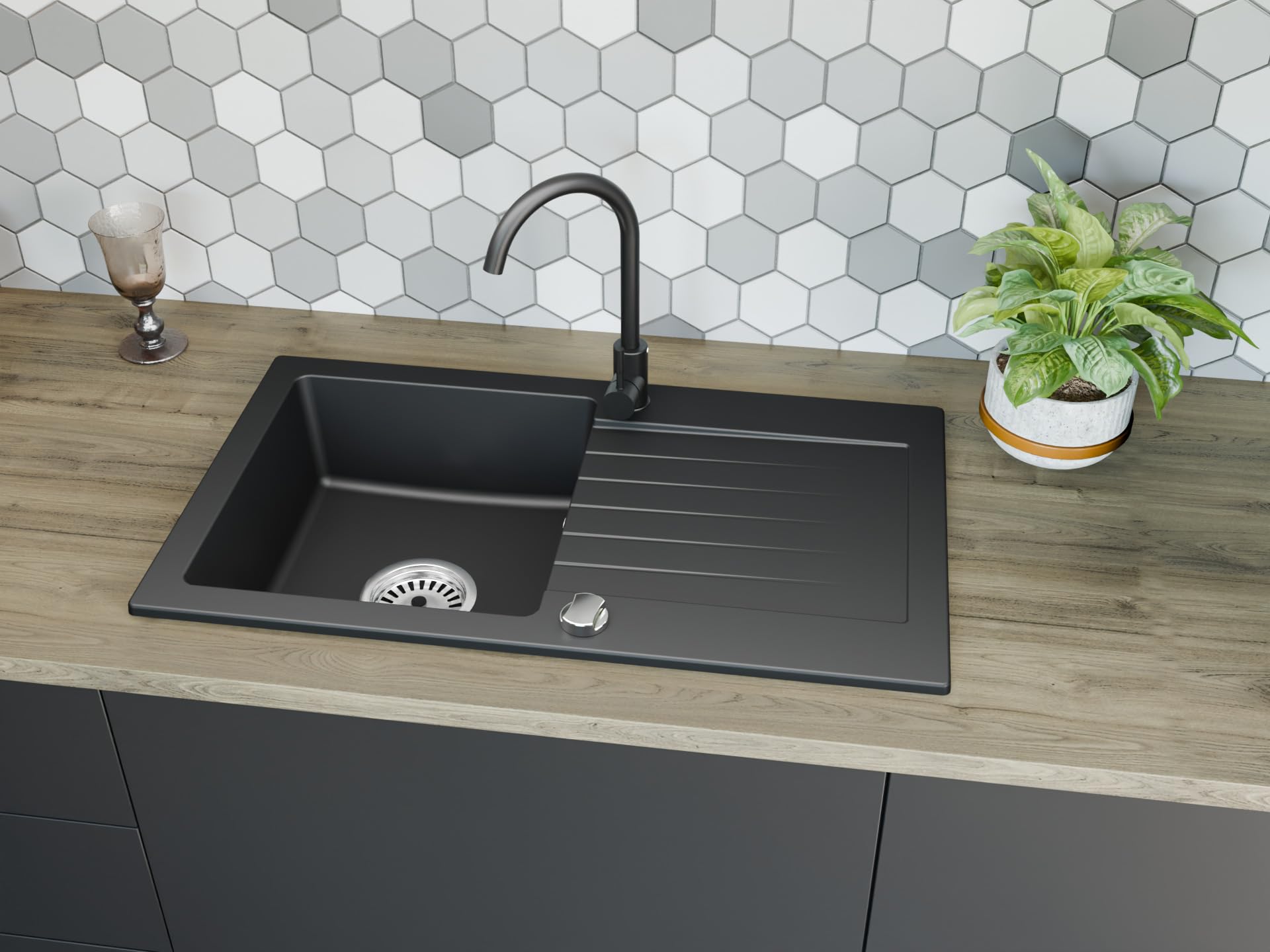 Faizee Granitspüle 75 x 44 cm Nachtschwarz – inklusive Armatur Genial in Schwarz – eckige Einbauspüle aus Granit – beidseitig montierbar, kratzfest, hitzebeständig – modernes Spülbecken