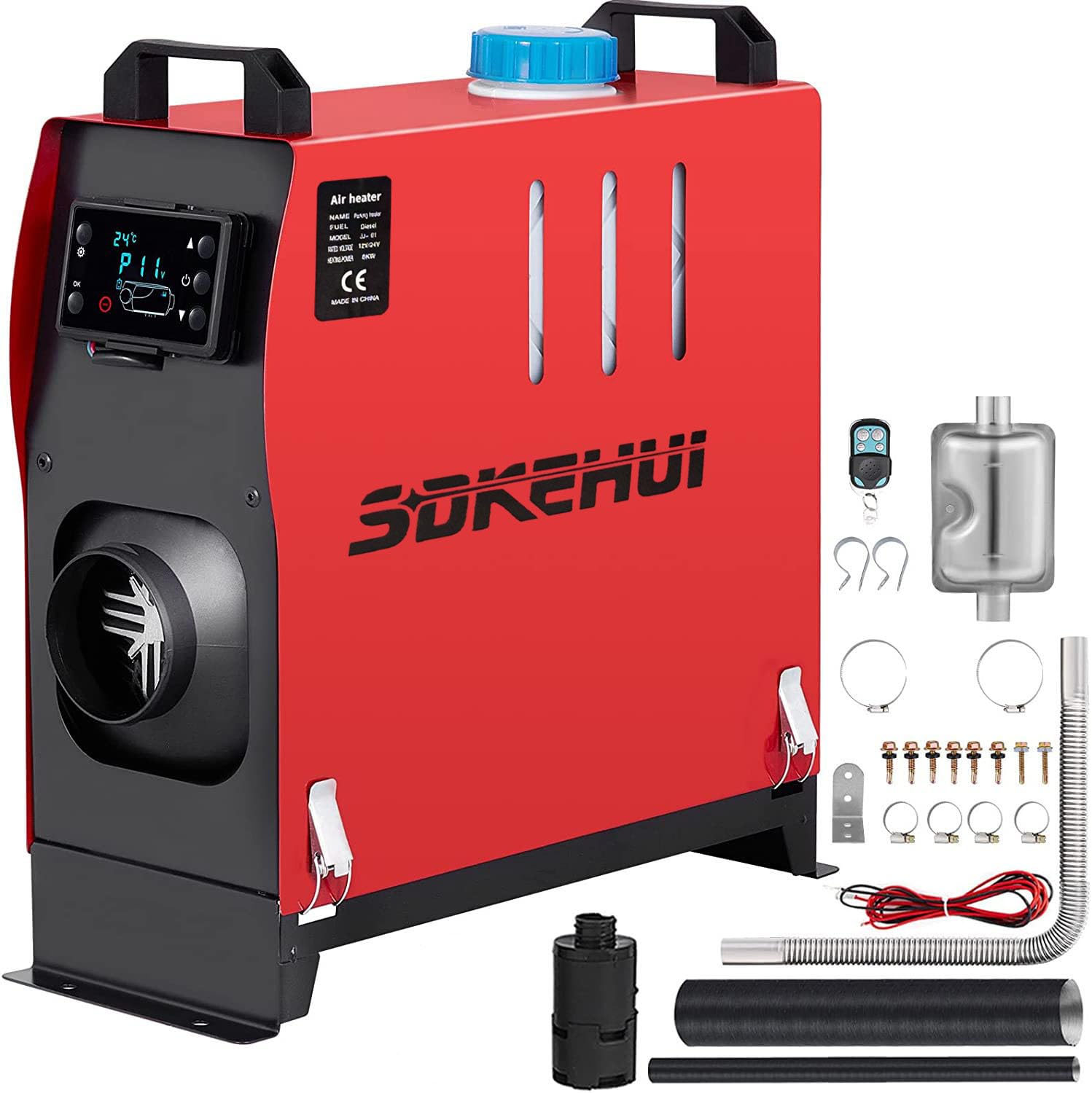 12V Standheizung Diesel, 8KW Diesel Lufterhitzer, 0,18-0,48 Standheizung, Luft Dieselheizung, Air Diesel Heizung für Auto RV Boote LKW Wohnmobil Bus mit Schalldämpfer(Schwarz und Rot)
