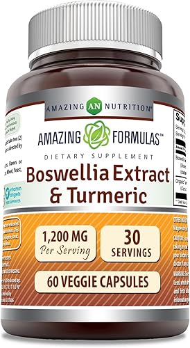 Amazing Formulas Boswellia Extracto y suplemento de cúrcuma | 1200 mg por porción | 60 cápsulas vegetales | Sin OMG | Sin gluten | Fabricado en