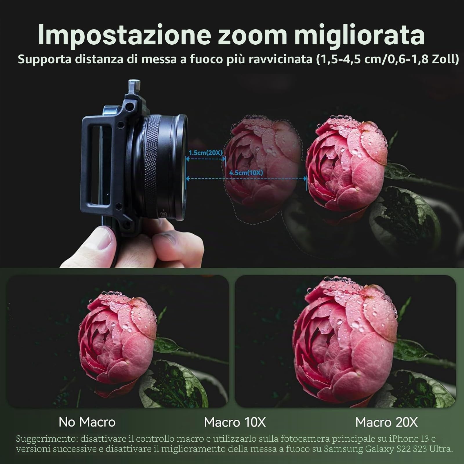 10-20X Obiettivo Macro Zoom,con Clip Universale, HD Obiettivo Macro per Smartphone, per Cellulare,adatto a Tutti i Telefoni Cellulari