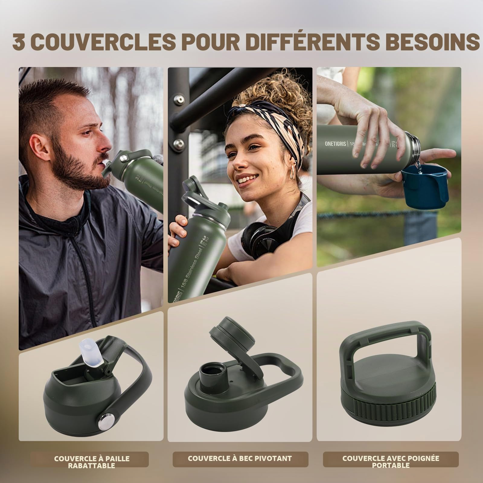 OneTigris Gourde Sport, 0.9l Gourde en Acier Inoxydable avec un Bon Effet d'Isolation, Idéal pour Vélo, Camping, Yoga, Gym, Airsoft,32oz（Vert OD)
