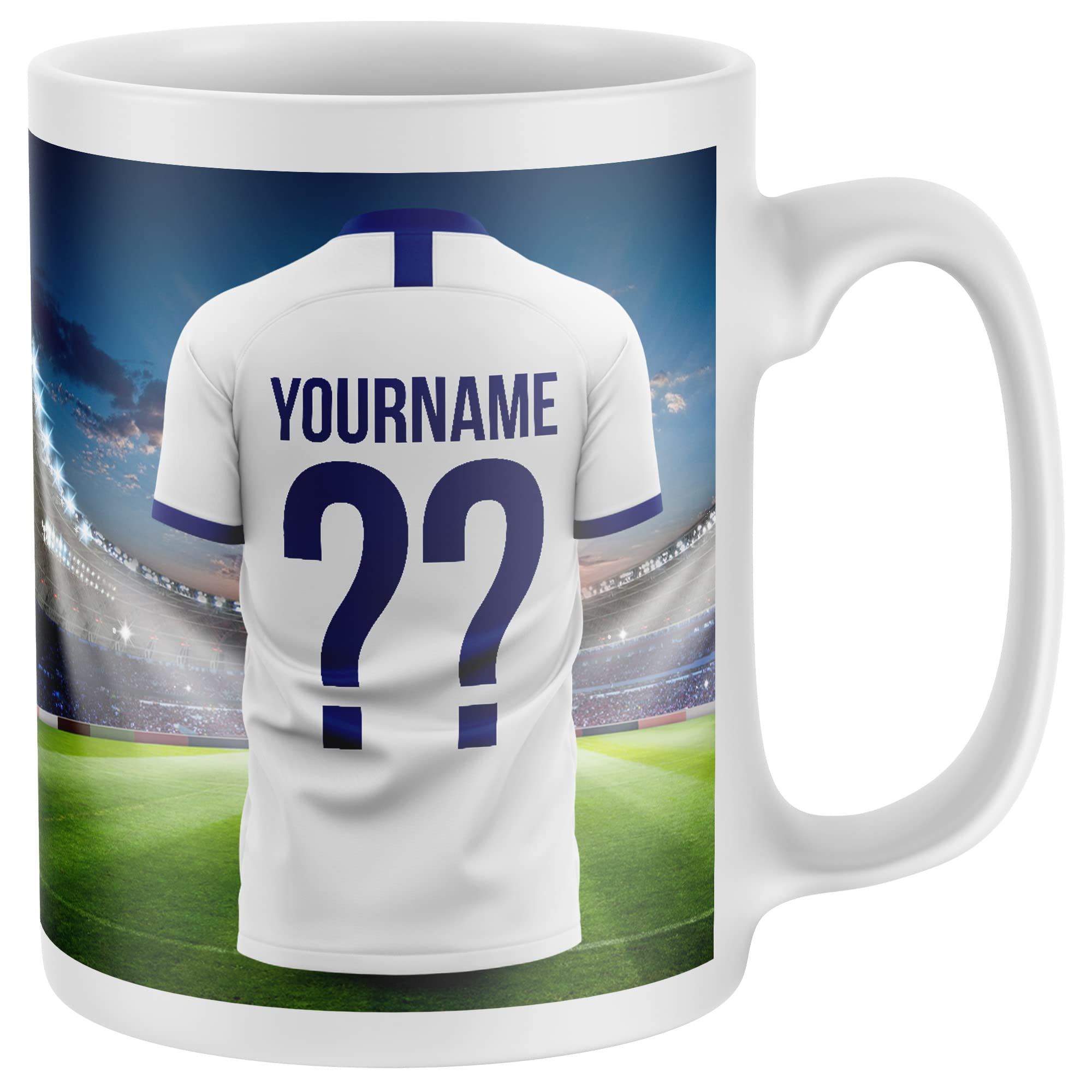 Personalised Football Supporters Mug - Kit Shirt Name and Number Coffee Cup, All Teams and Colours. Fan Gift Idea for Mum, Dad, Son, Daughter - One Size, White or Navy