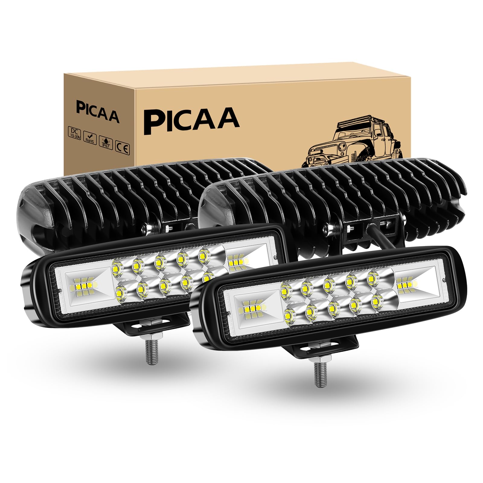 PICAA Phare de Travail LED, 4 PCS 6 Pouces 24W Étanche Projecteur LED | 7D,Faisceau Combo,longue portée, Feux de Travail, 12V 24V, hors route pour Voiture 4x4 Truck ATV SUV Camion Tracteur Moto
