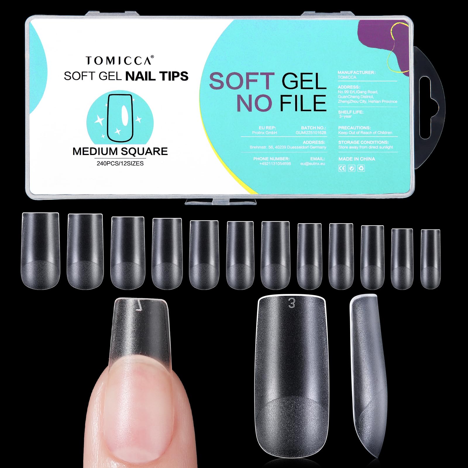 TOMICCA Square Medium Nageltips-Tips für Gelnägel,Gel Full Cover Nail Tips, Pre-Shaped Halbmatt tips nägel Gelly Nagelspitzen für Acrylnägel-240 Pieces 12 Sizes