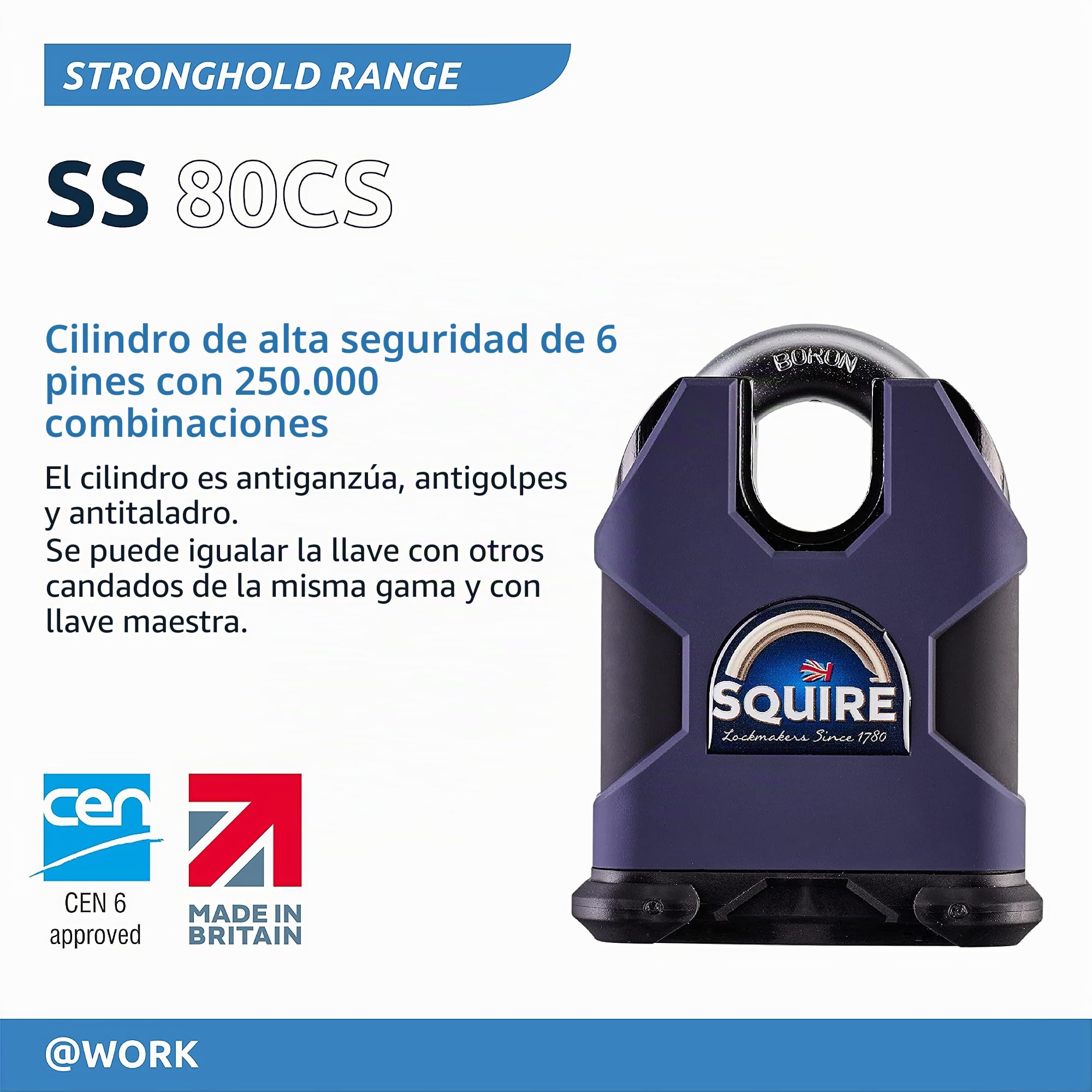 Candado de alta resistencia Squire (SS80CS) - Grillete cerrado más resistente - Candado de aleación de acero resistente a la corrosión - Candado resistente a la intemperie para el hogar, el garaje y los almacenes (azul, 80 mm)