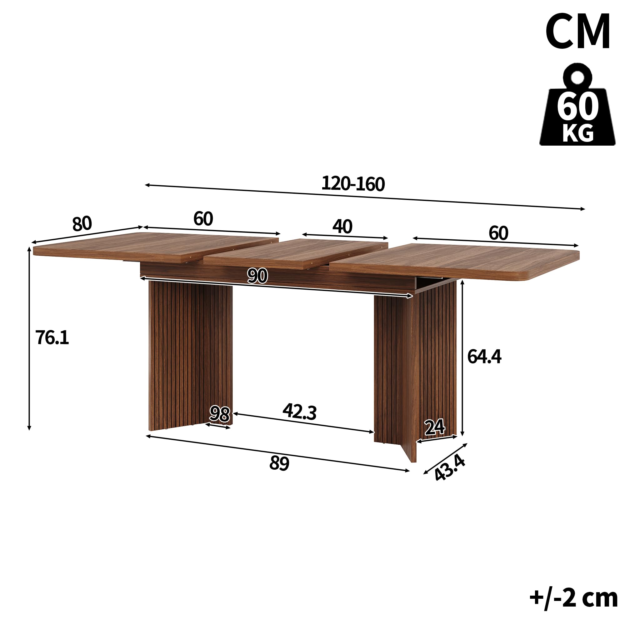 Table à Manger Extensible 120-160 cm, Table Salle à Manger Rectangulaire avec Pieds en V à Riffles Verticales, Table de Cuisine en Bois, Design Moderne pour Salle à Manger, Noyer