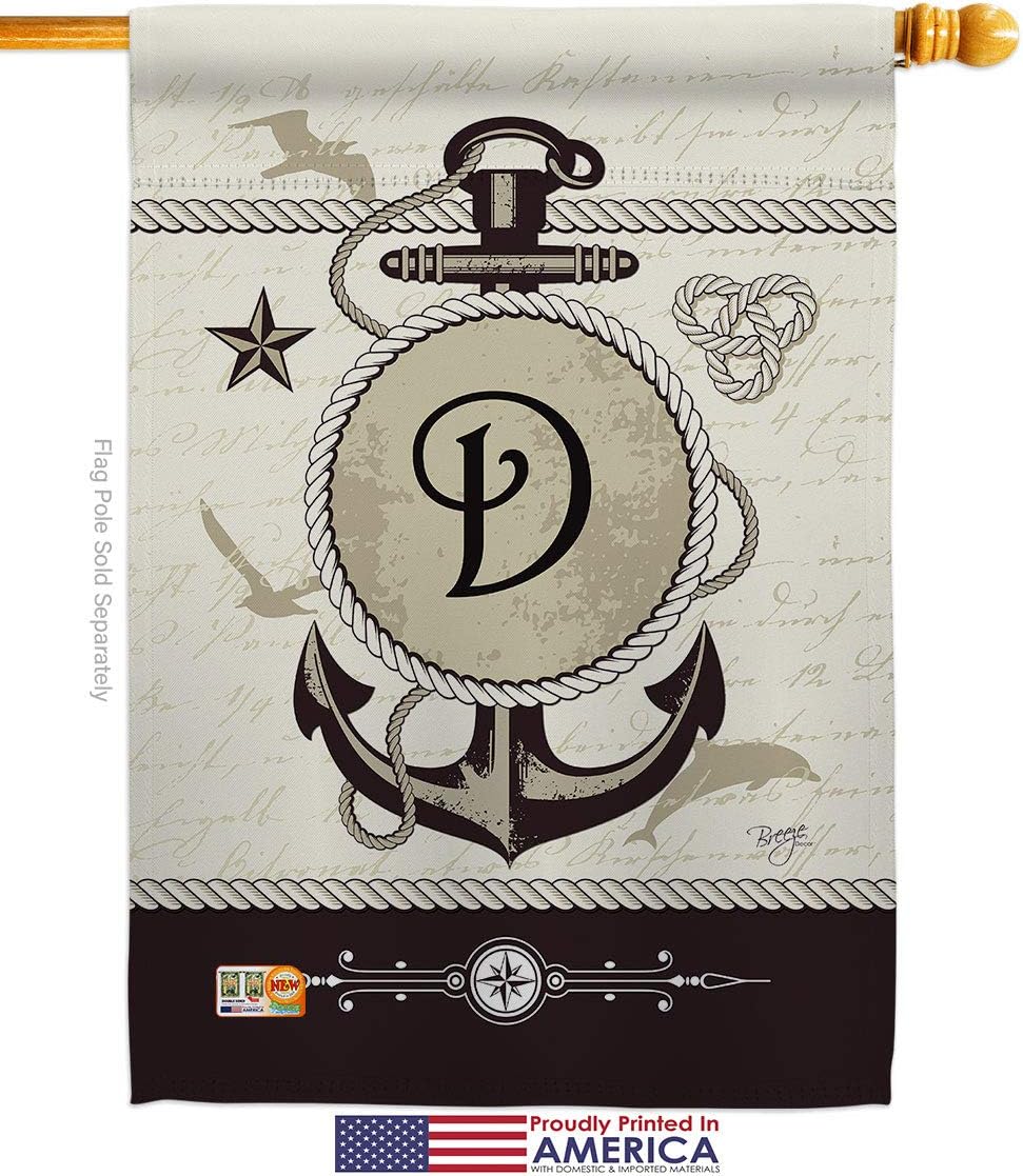 Nautical D Initial House Flag Dowel Set Monogram Coastal Anchor Sailor Sea Shells Outdoor Summer Ocean Small Decorative Gift Yard Banner Made In USA 28 X 40