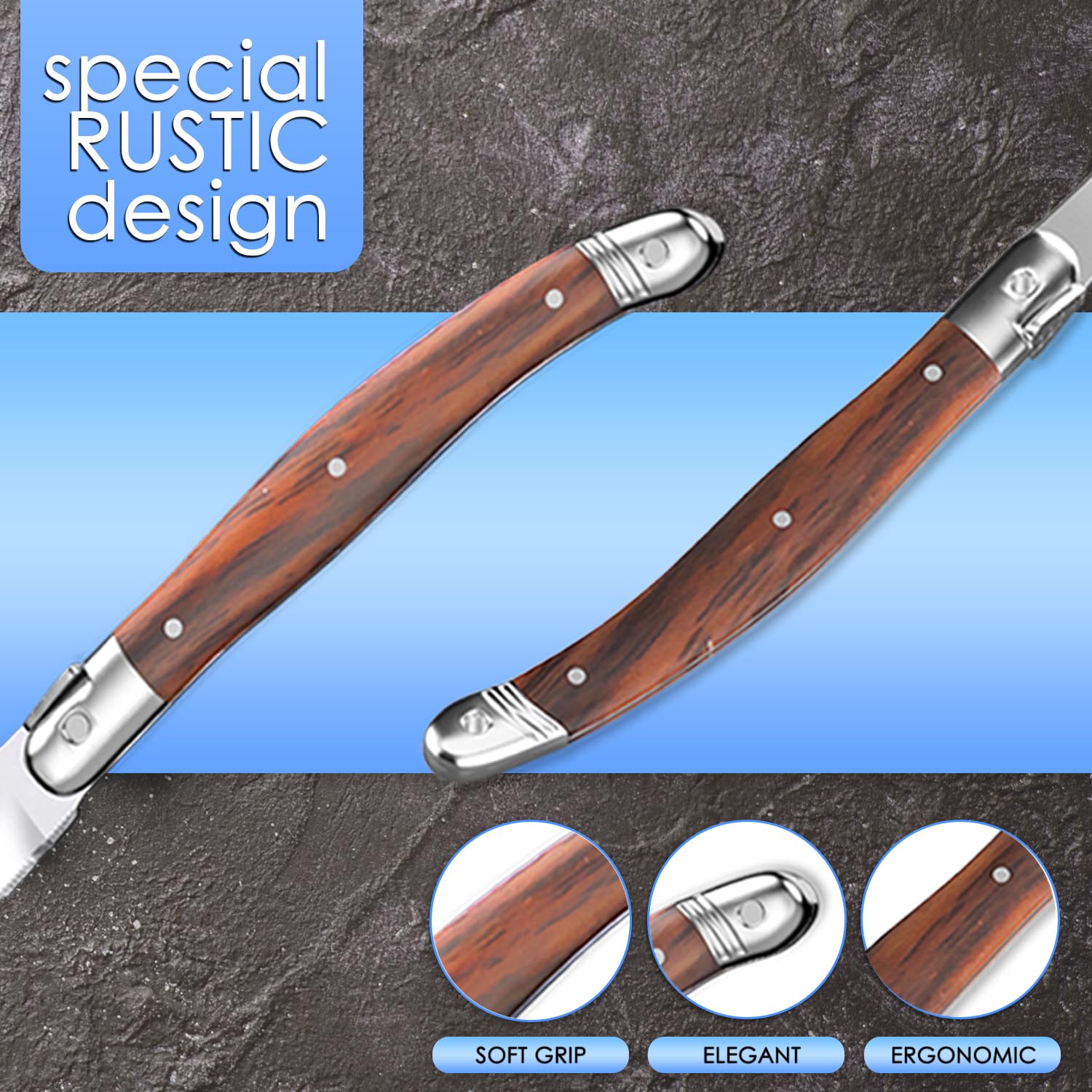 Posate da bistecca acciaio inox legno 12 pezzi con 6 pezzi di coltelli da bistecca da 23 cm e 6 pezzi di forchette da tavola da 22 cm
