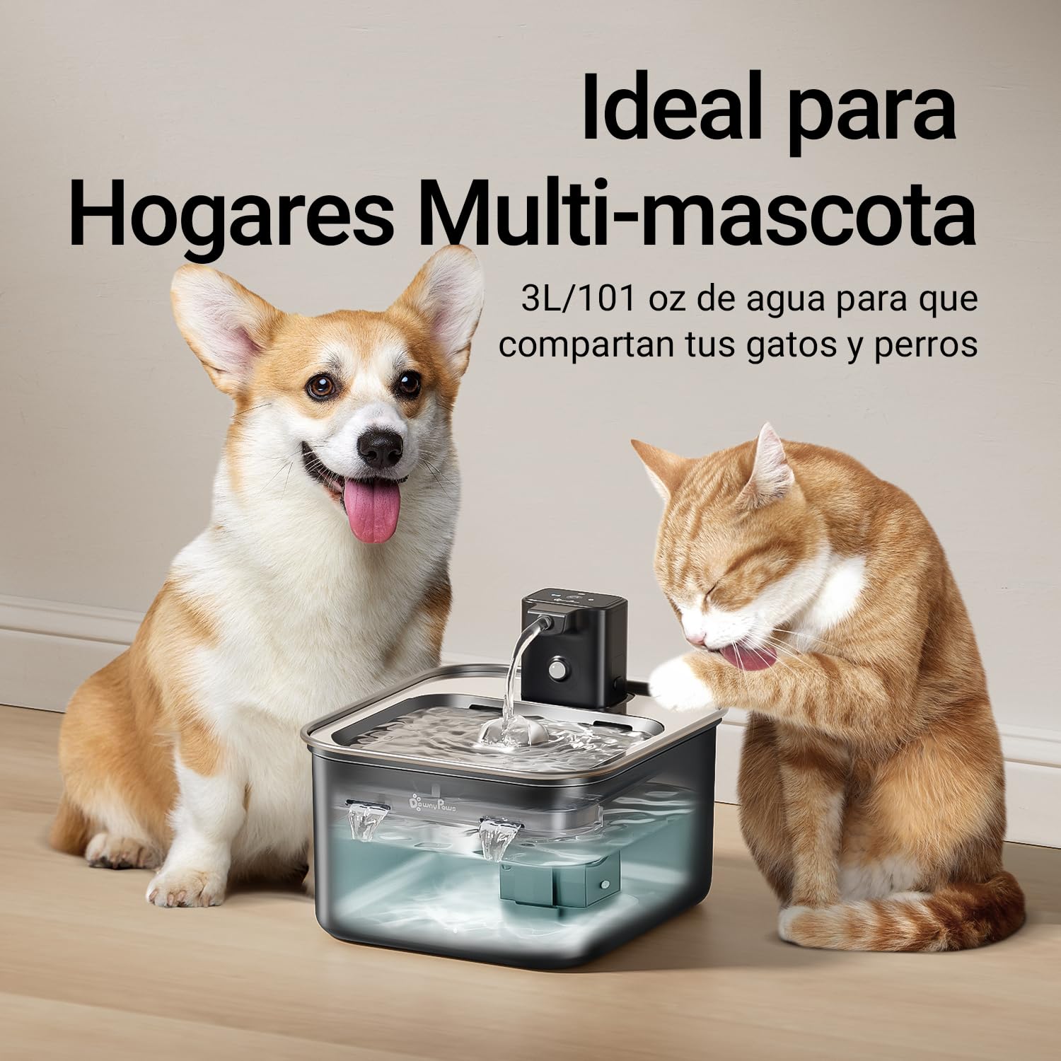 DownyPaws Fuente para Gatos sin Cable Inoxidable 3L, Bomba Silenciosa Negro | Bebedero Gatos con Sensor de Movimiento, Fuente Agua Gatos Inalámbrica, Batería de 4000 mAh, Apta para Lavavajillas