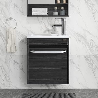 wonline 16 Bathroom Vanity Sink Combo for Small Space Black Wall Mounted Cabinet Set Design White Resin Basin Sink Top Chrome Faucet
