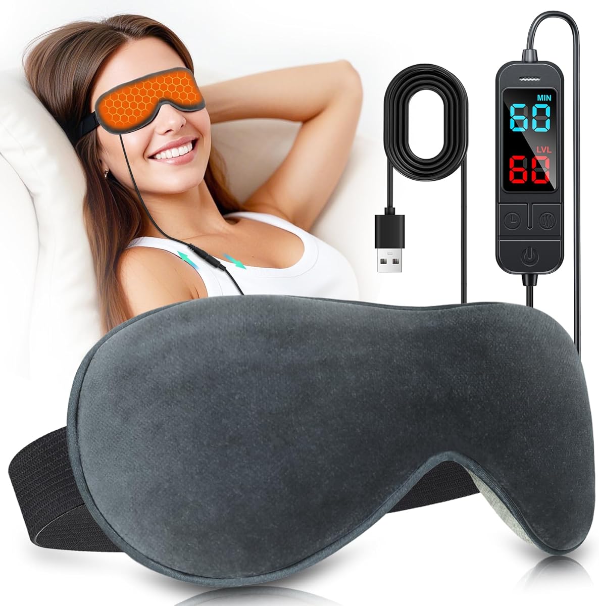 Heated Eye Mask for Dry Eyes, Stye & Migraines Relief - USB Electric Warm Compress with 20 Temp/Time Settings, Washable Flaxseed Cover for MGD, Blepharitis & Eye Strain