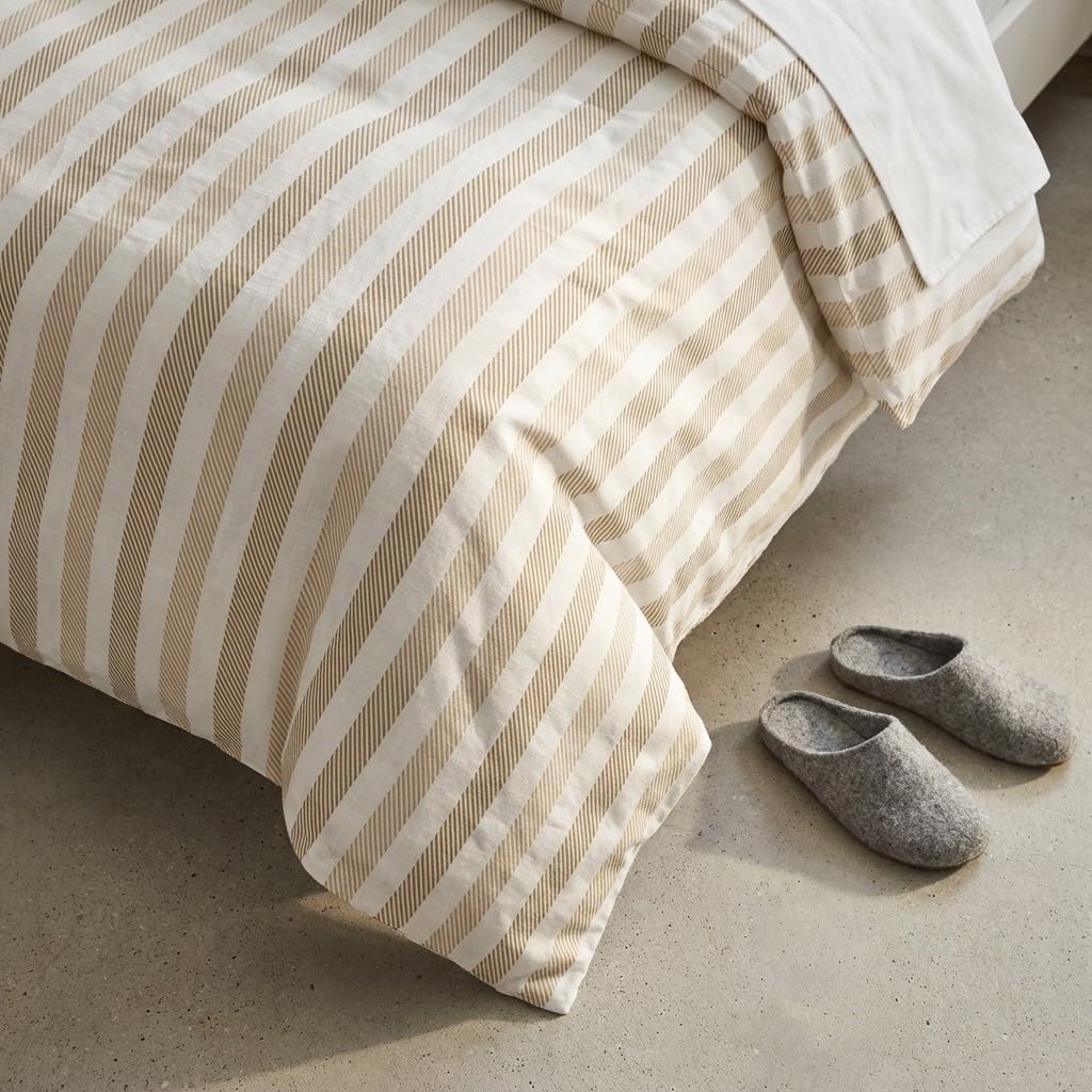 GAMUSI Juego Funda nórdica Cama 180 100% algodón - 2 Fundas Almohada 50x95 cm, Estampado Rayas Color Taupe