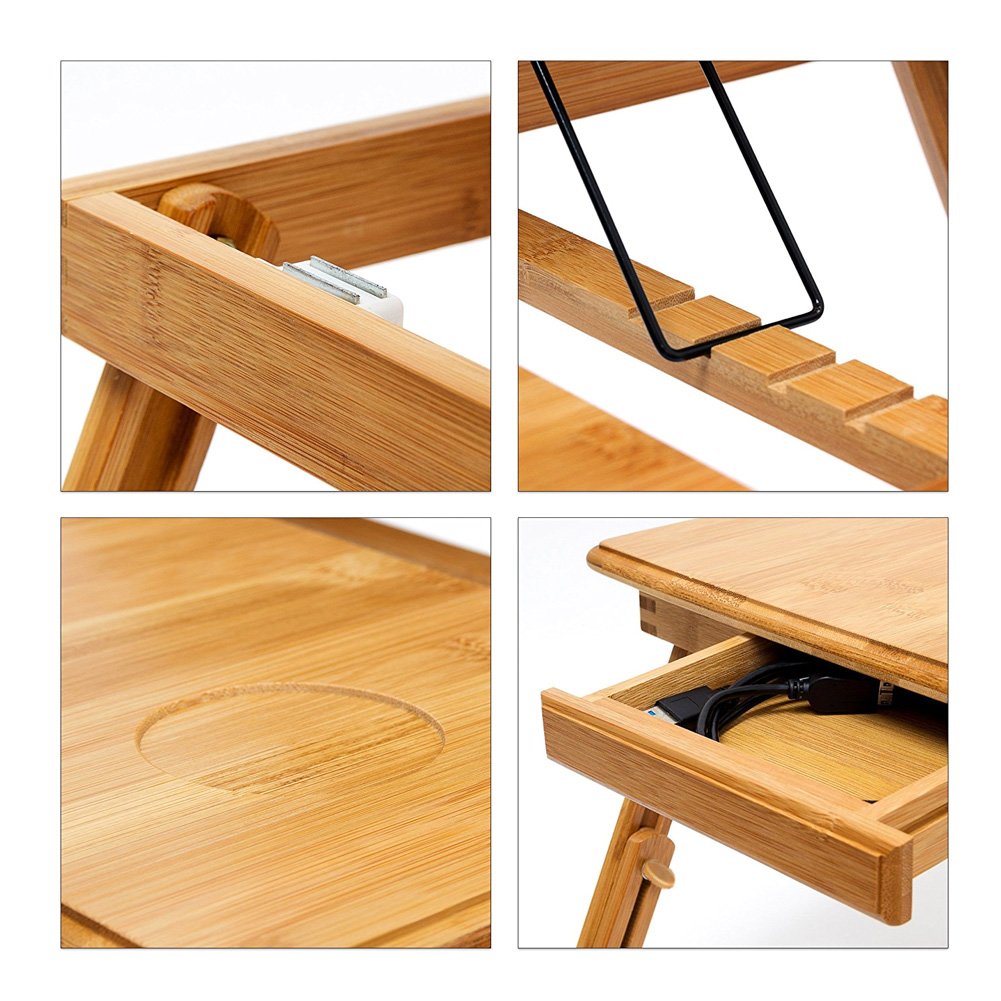 BAKAJI Tavolino Vassoio Colazione da Letto in bamboo, Con gambe pieghevoli ideale per Divano Porta Notebook Pc (60 x 30 x 25 cm)