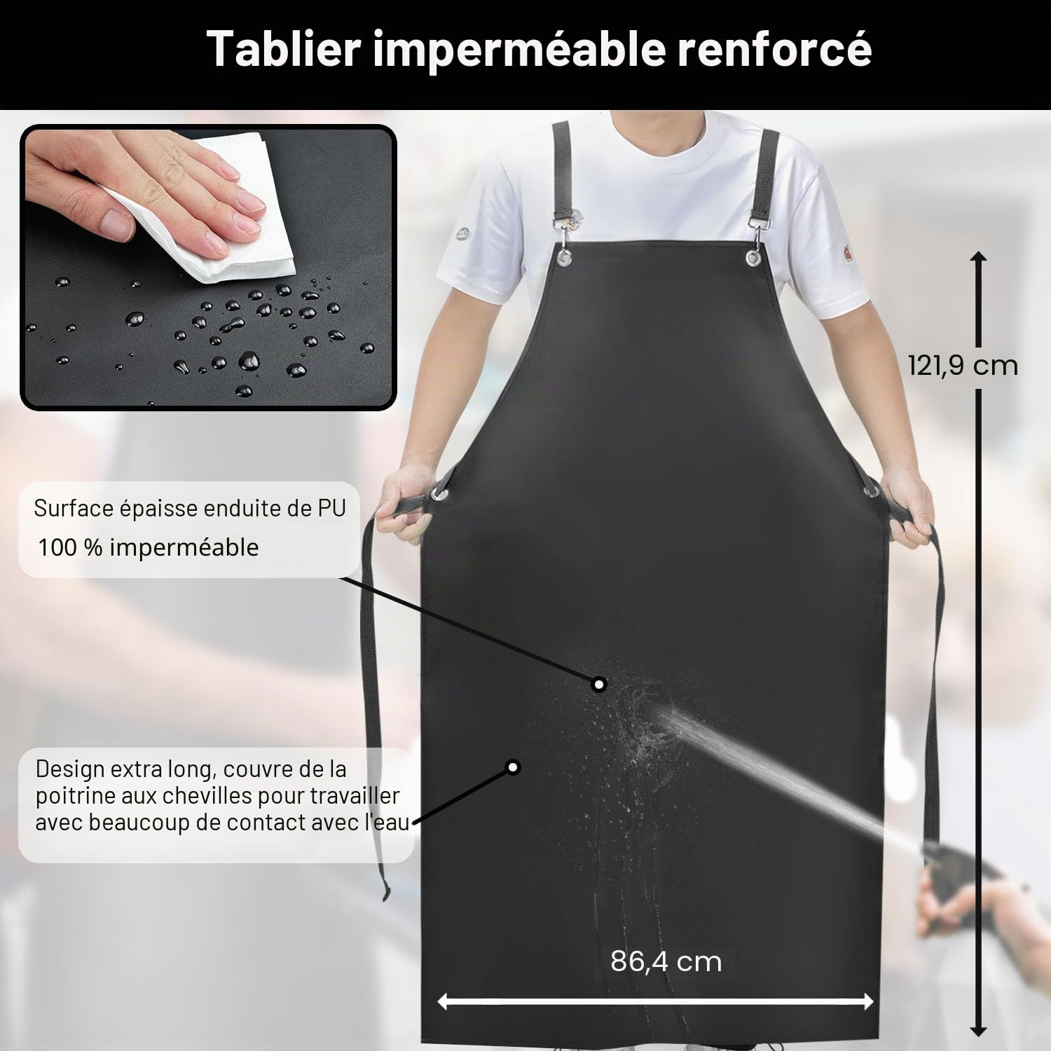 Sheomern Tablier en caoutchouc imperméable, tablier en vinyle robuste, réglable, tablier épais pour restaurant, lave-vaisselle, boucher