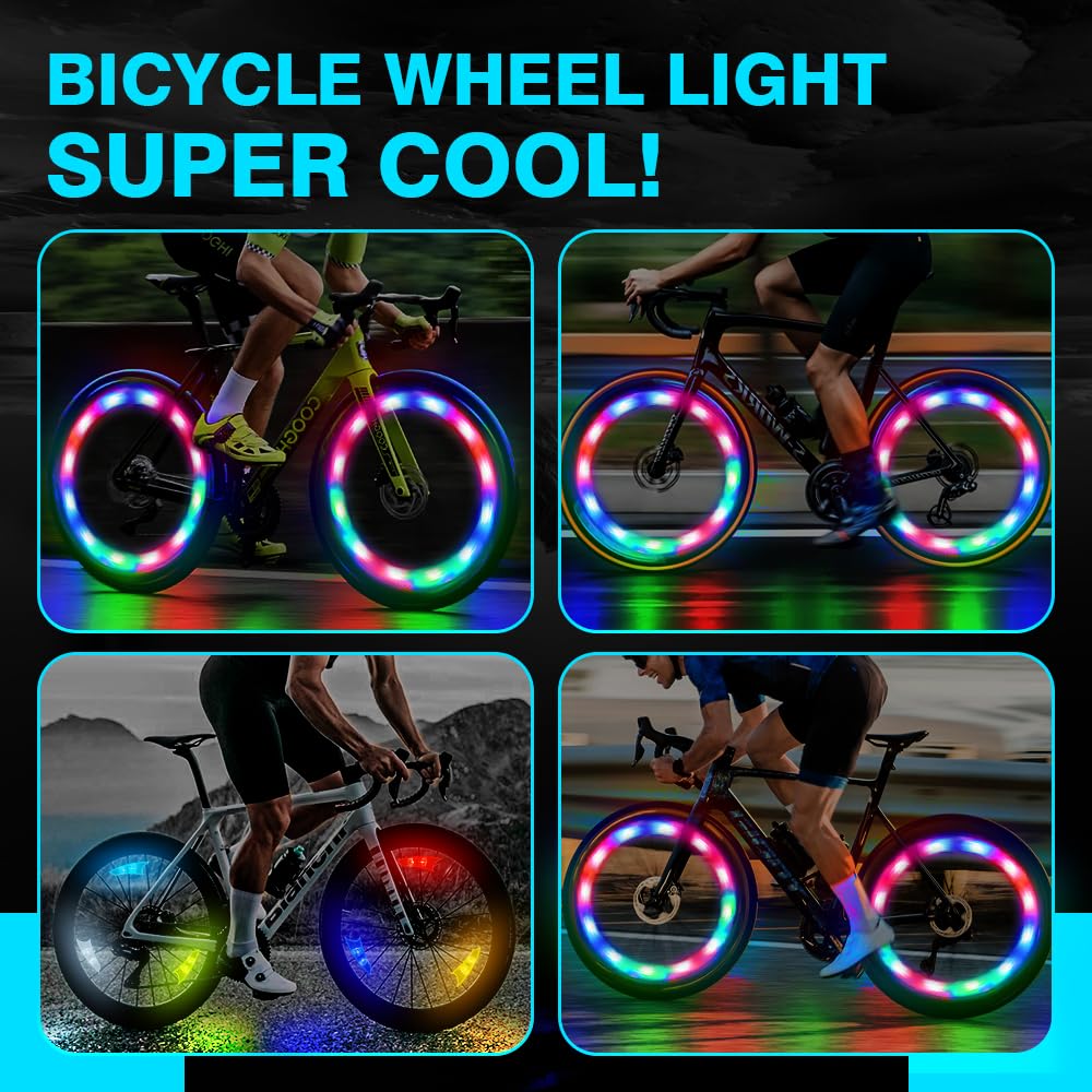Lumière de Roue de Vélo Rechargeable Multicolore avec Capteur de Mouvement, Résistante aux Intempéries éclairage de Roue de Vélo de Nuit 2 Modèle D'éclairage de Vélo pour Adulte Enfant 4PCS