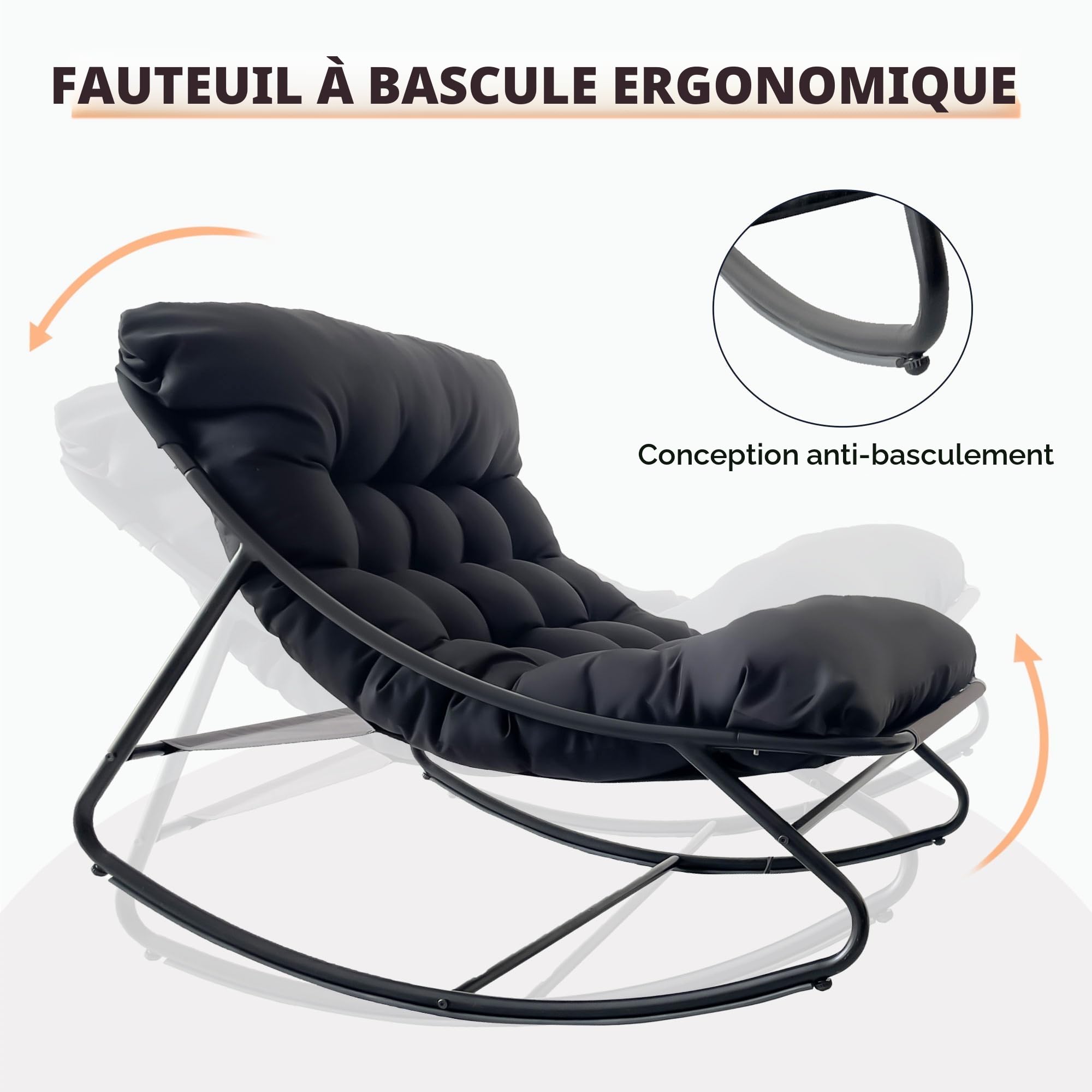 Fauteuil à Bascule avec Coussin, Chaise a Bascule d'Intérieur et d'Extérieur, Rocking Chair avec Repose-Pieds, Chaise Papasan, Cadre en Métal, Capacité 150 kg, pour Jardin Patio Salon Balcon (Gris)
