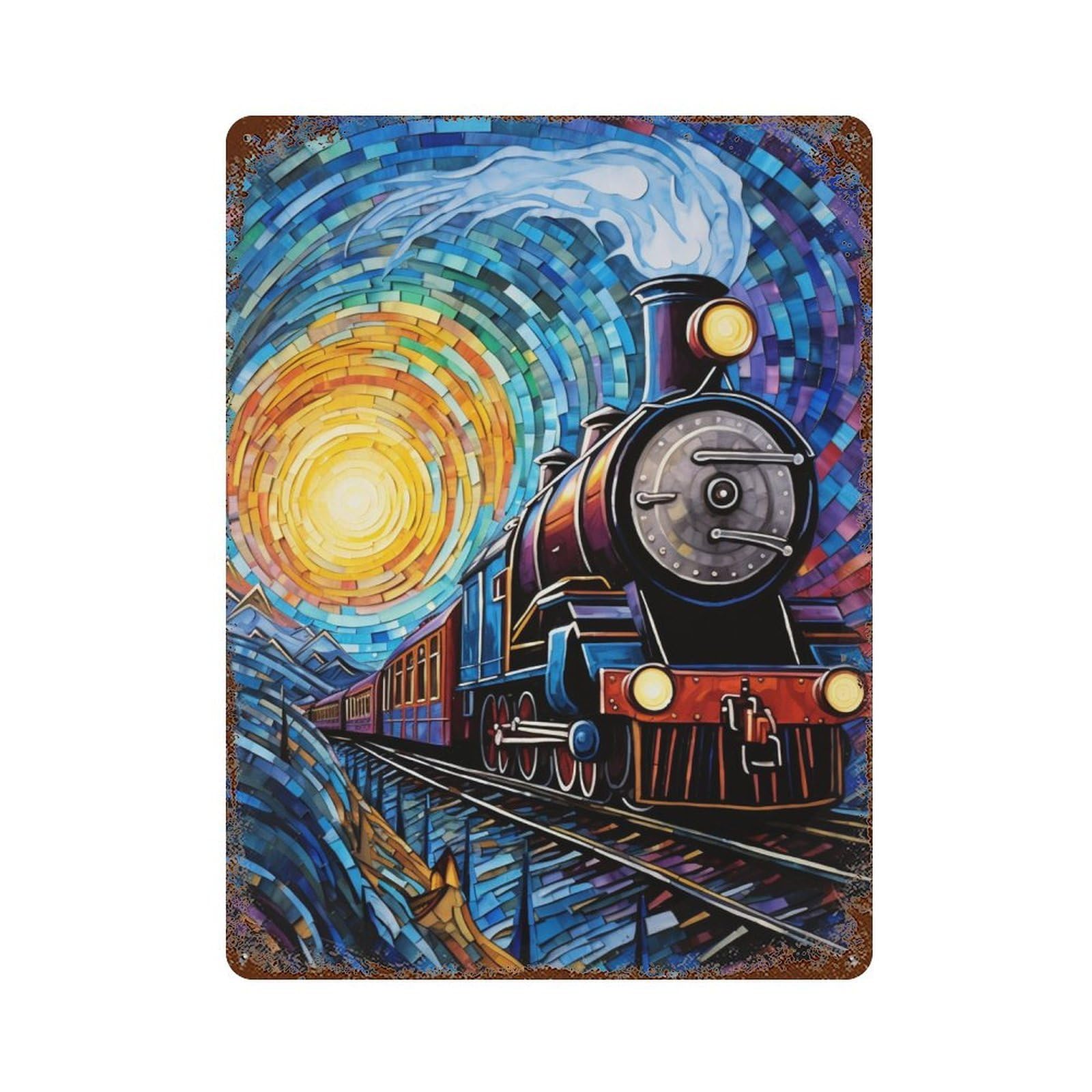 Starry Night Train Journey Distressed Metal Wall Sign 15.7"x11.8", Ideal for Pub, Kitchen And Man Cave Decor